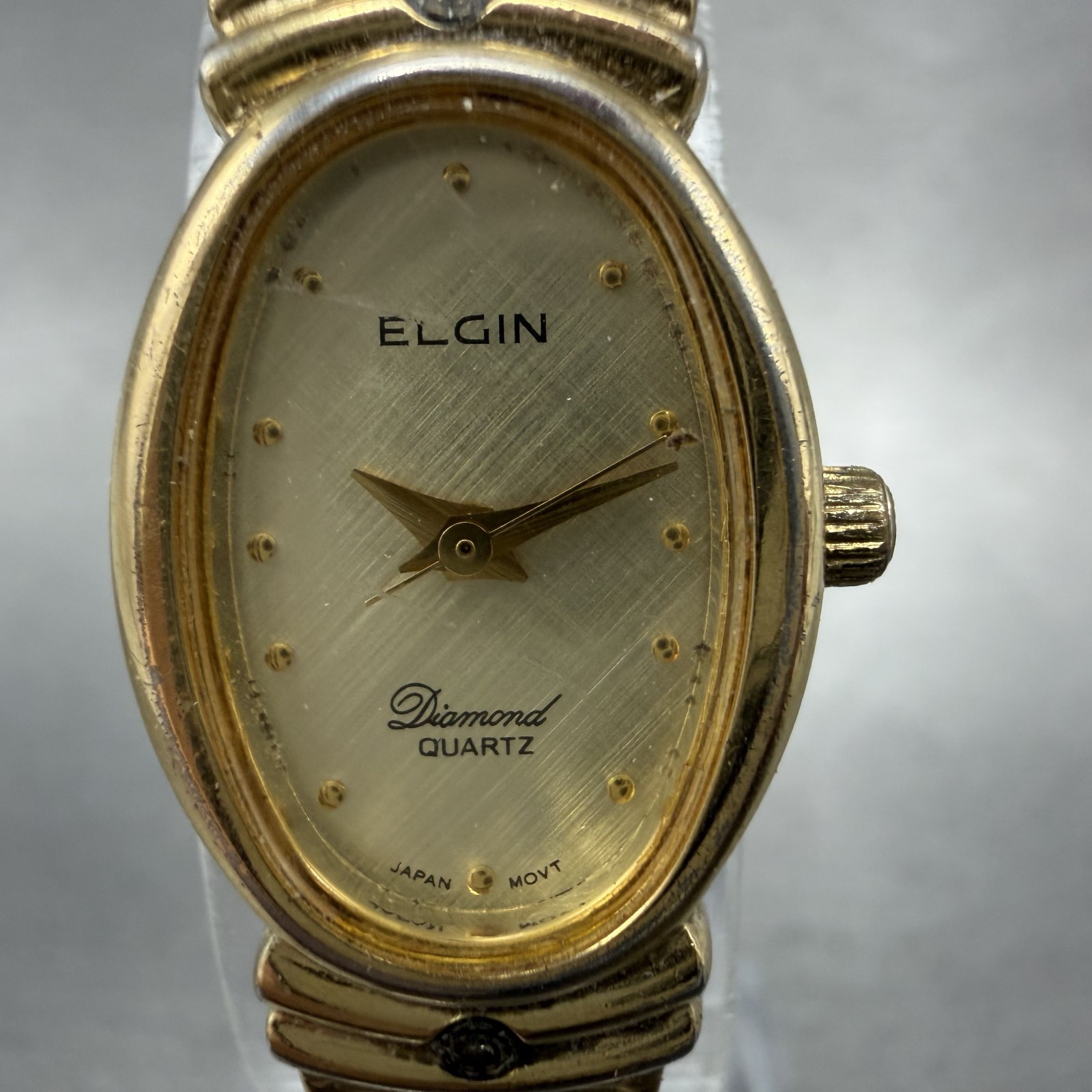Elgin Watch Women 16mm Champagne Dial Gold Tone Oval Diamond Quartz New Battery