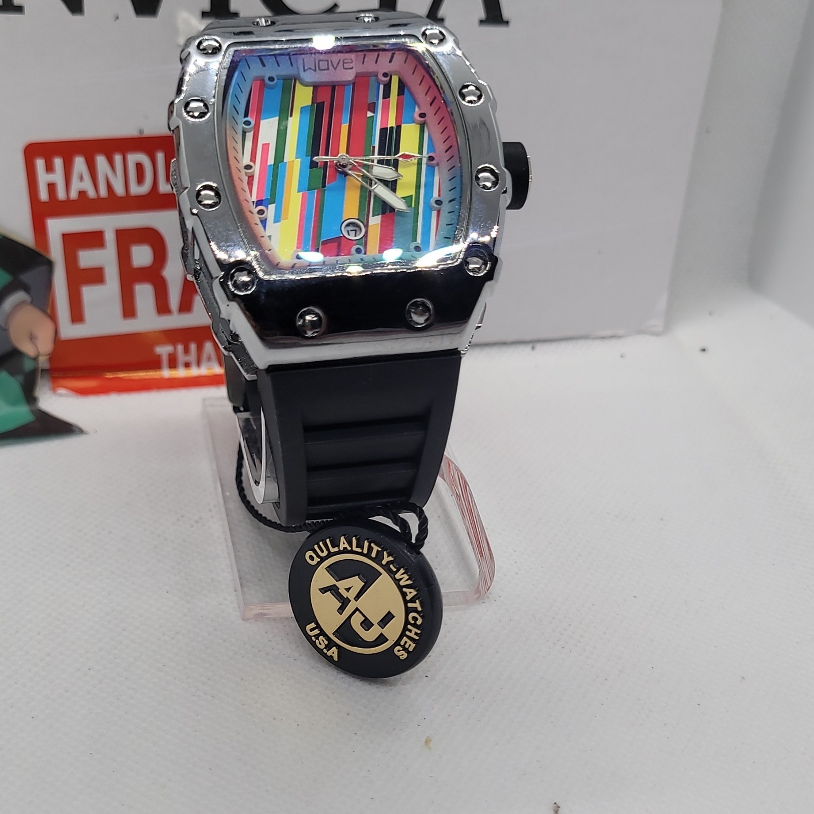 440 AJ wave multicolor graffiti dial tonneau black rubber strap water-resistant