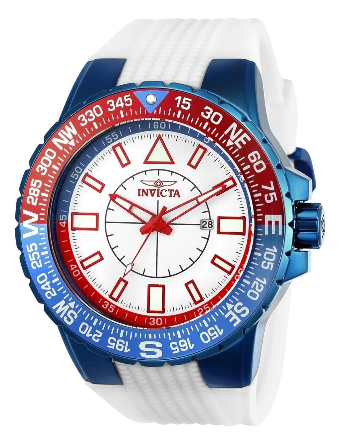 Invicta Mens 50mm Aviator Quartz White/Blue/Red Tone 100m Silicone Strap Watch