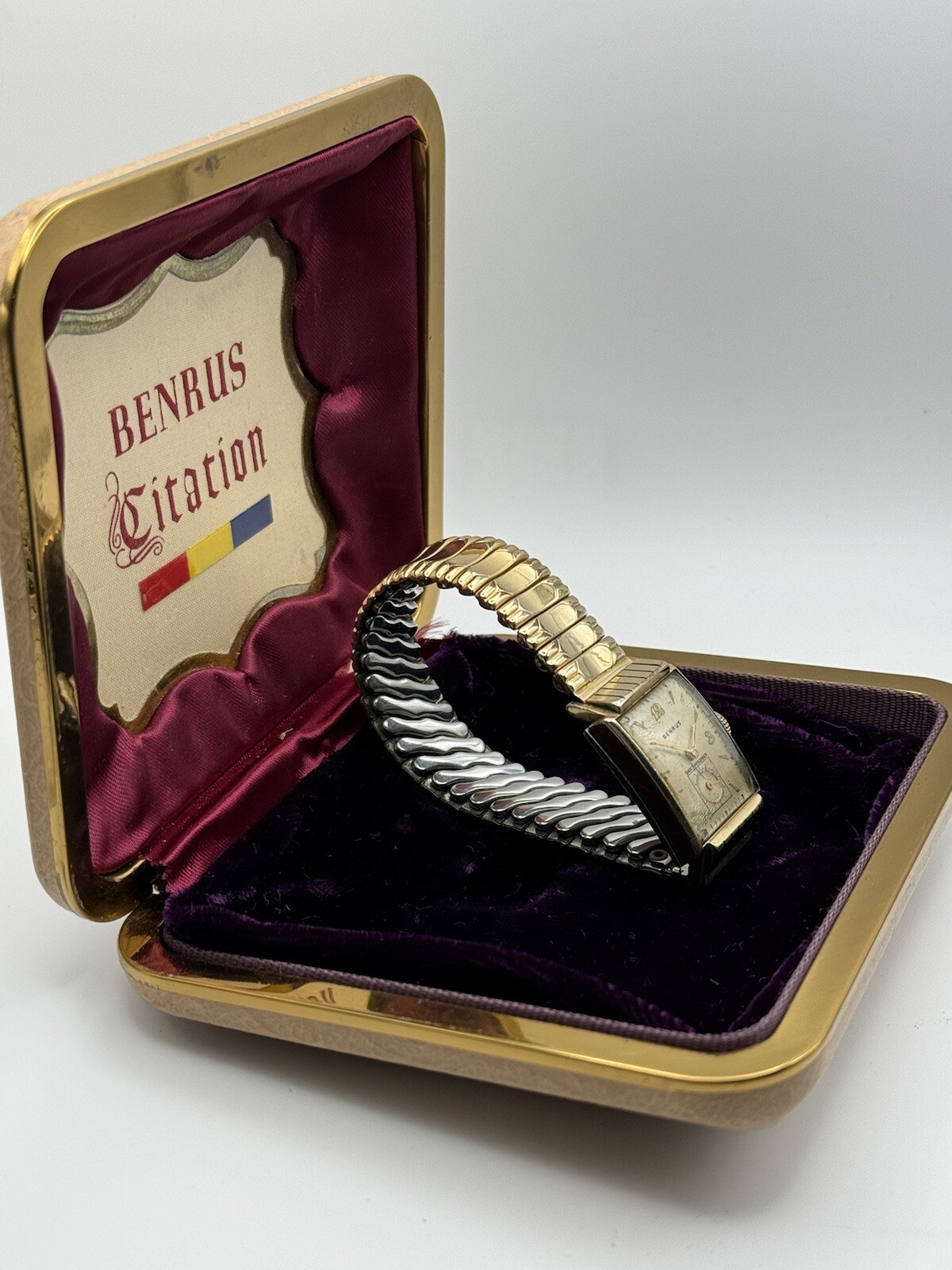 Benrus, Tank Style, Mechanical Watch With Box, Parts/ Repair, Vintage