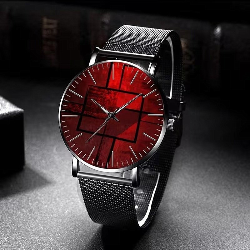 Men’s Red Geometric Dial Quartz Watch Black Mesh Band Minimalist No Battery
