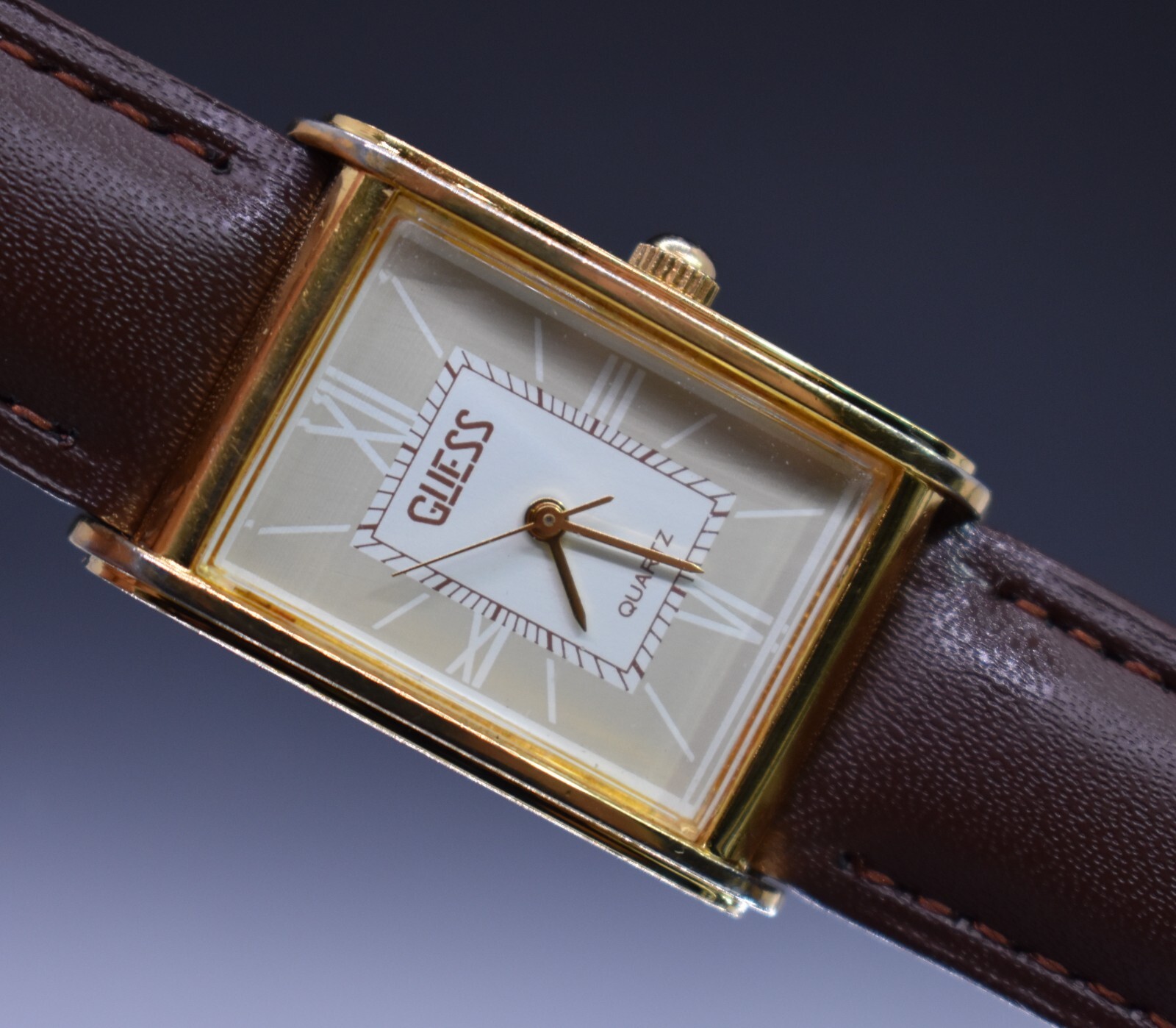 Vtg GUESS 1987 Tank Roman Numeral Watch Men Leather 80’s NEW BATTERY & BAND