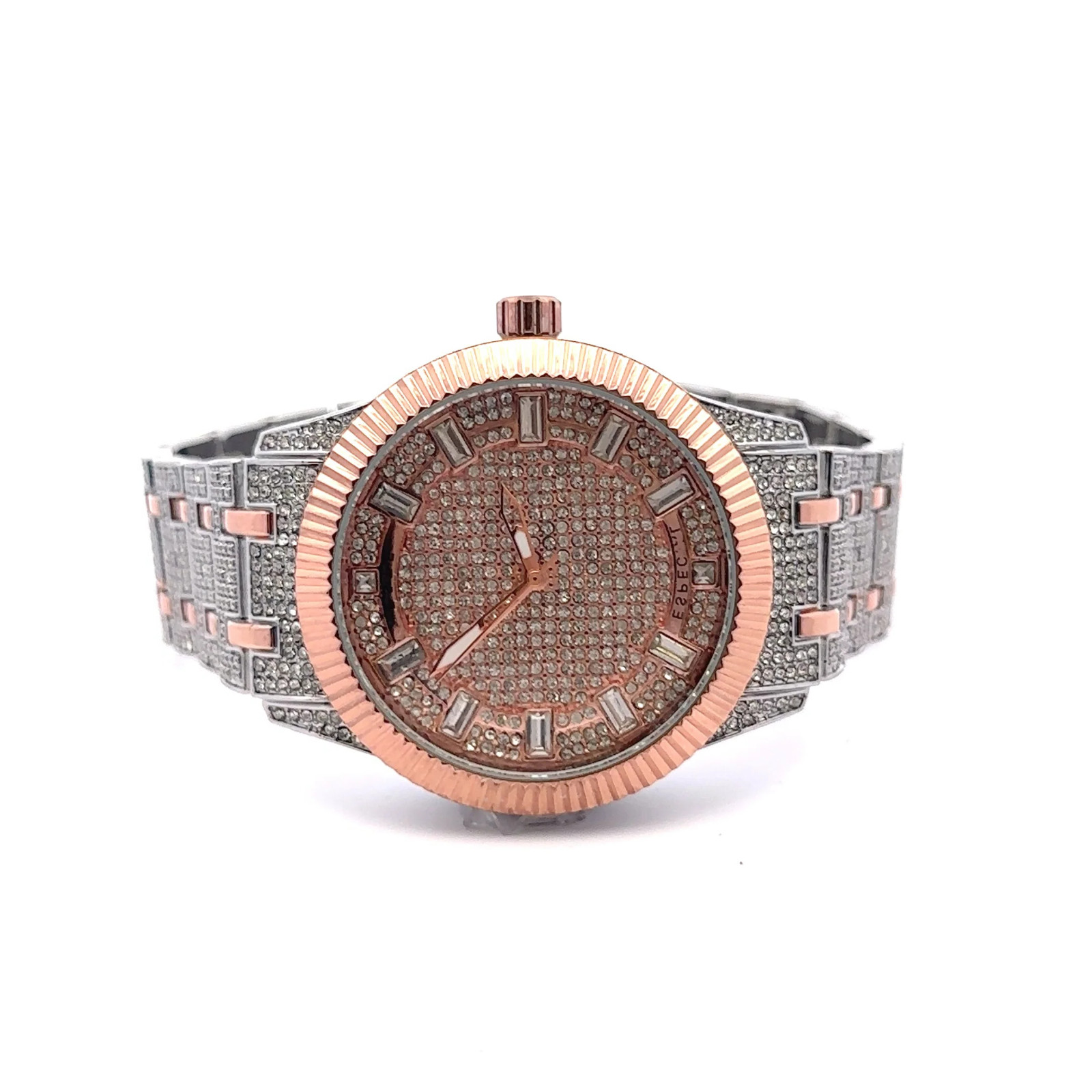 Men’s Rose Gold Iced Out Quartz Watch Two Tone Hip Hop Style 44mm