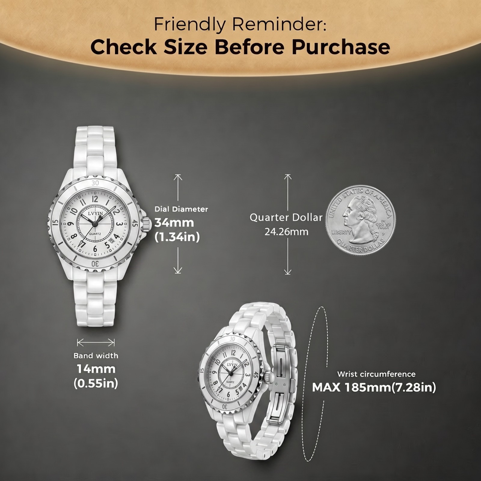 VORSEL Womens White Ceramic Watch Elegant Quartz Analog Wristwatch