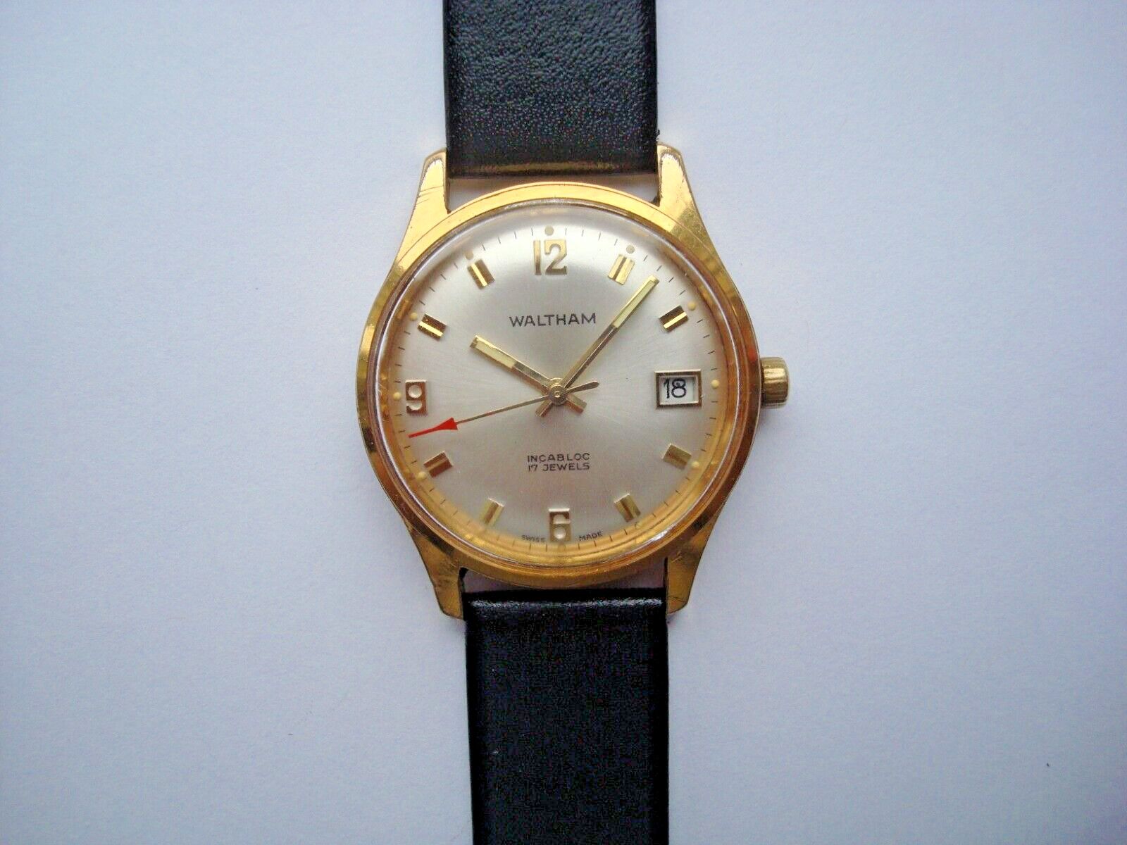 Waltham Mens Watch Manual Wind Up 17j. Date Red Arrow New Band 1960’s Swiss Runs