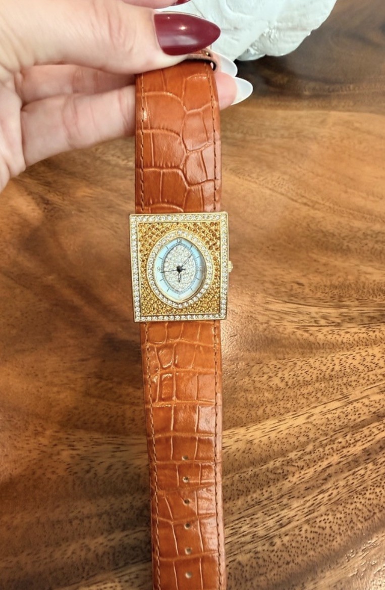 Adrienne Vittadini Crystal Lux Vintage Timepiece CrocEmbossed Leather Strap