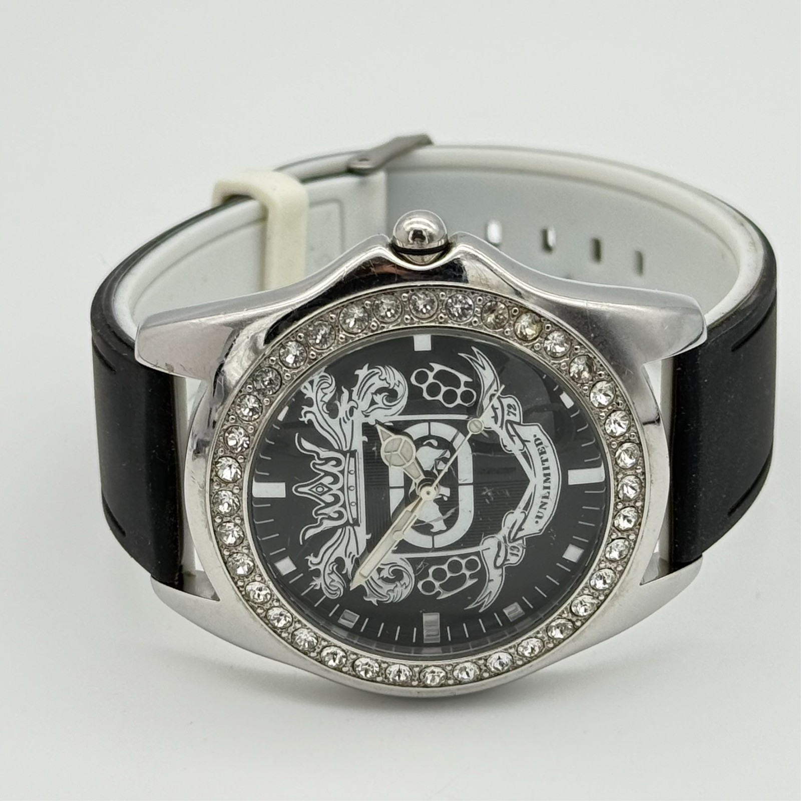 Men’s MARK ECKO Silver Tone Crystal Accent All Steel Watch, Black Silicone, 45mm