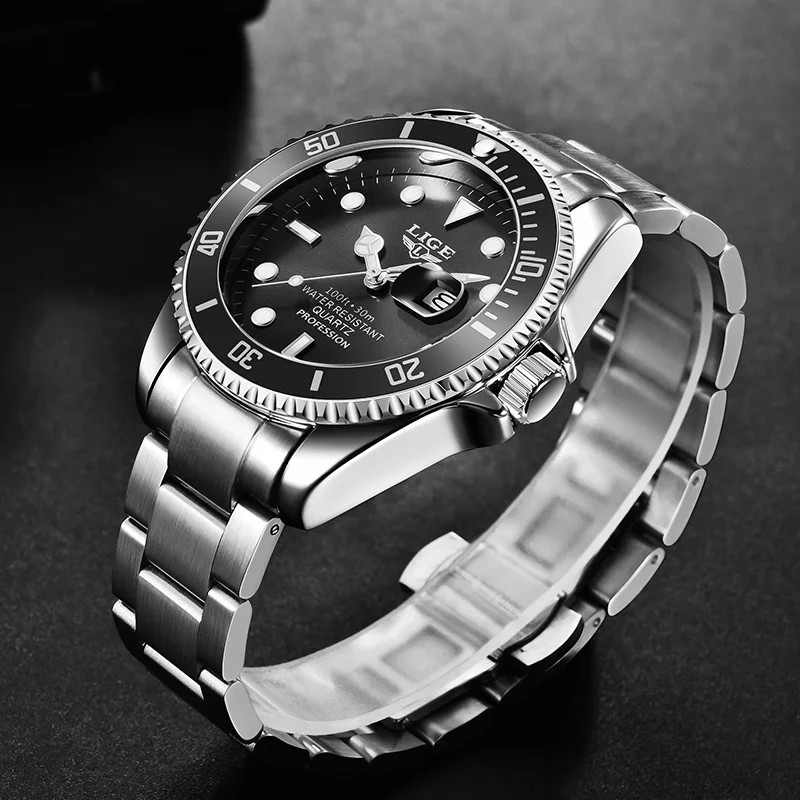 LIGE Business Men Watches Auto Date Quartz Watch Mens Stainless Steel Military M