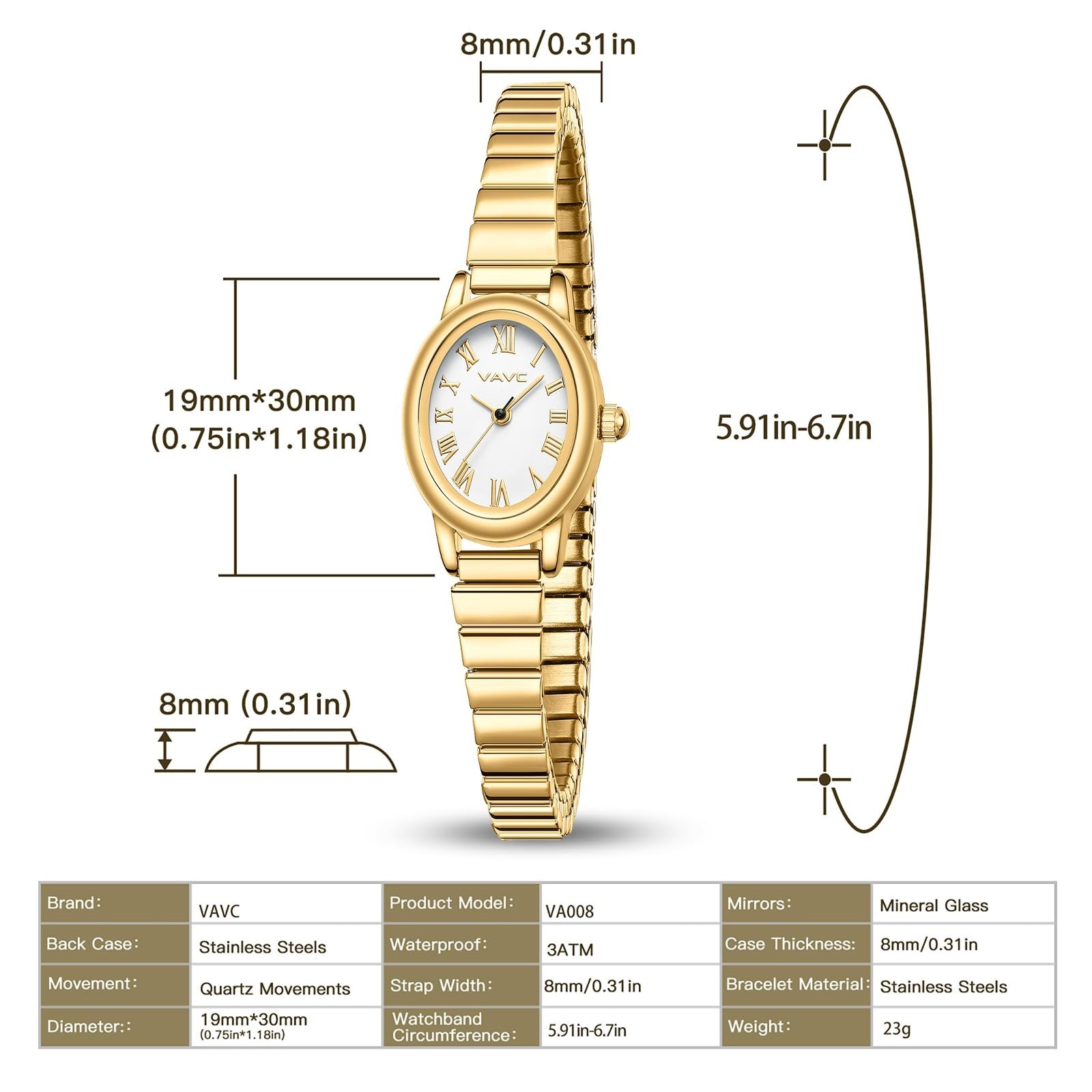 Elegant Gold Women’s Watch – Analog, Stainless Steel Expansion Band, Oval Case,