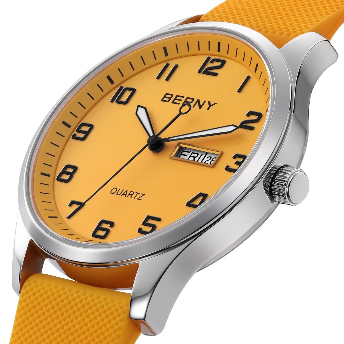 BERNY Men’s Quartz Watch Luminous Day Date 41mm Soft Silicone Strap Wristwatch