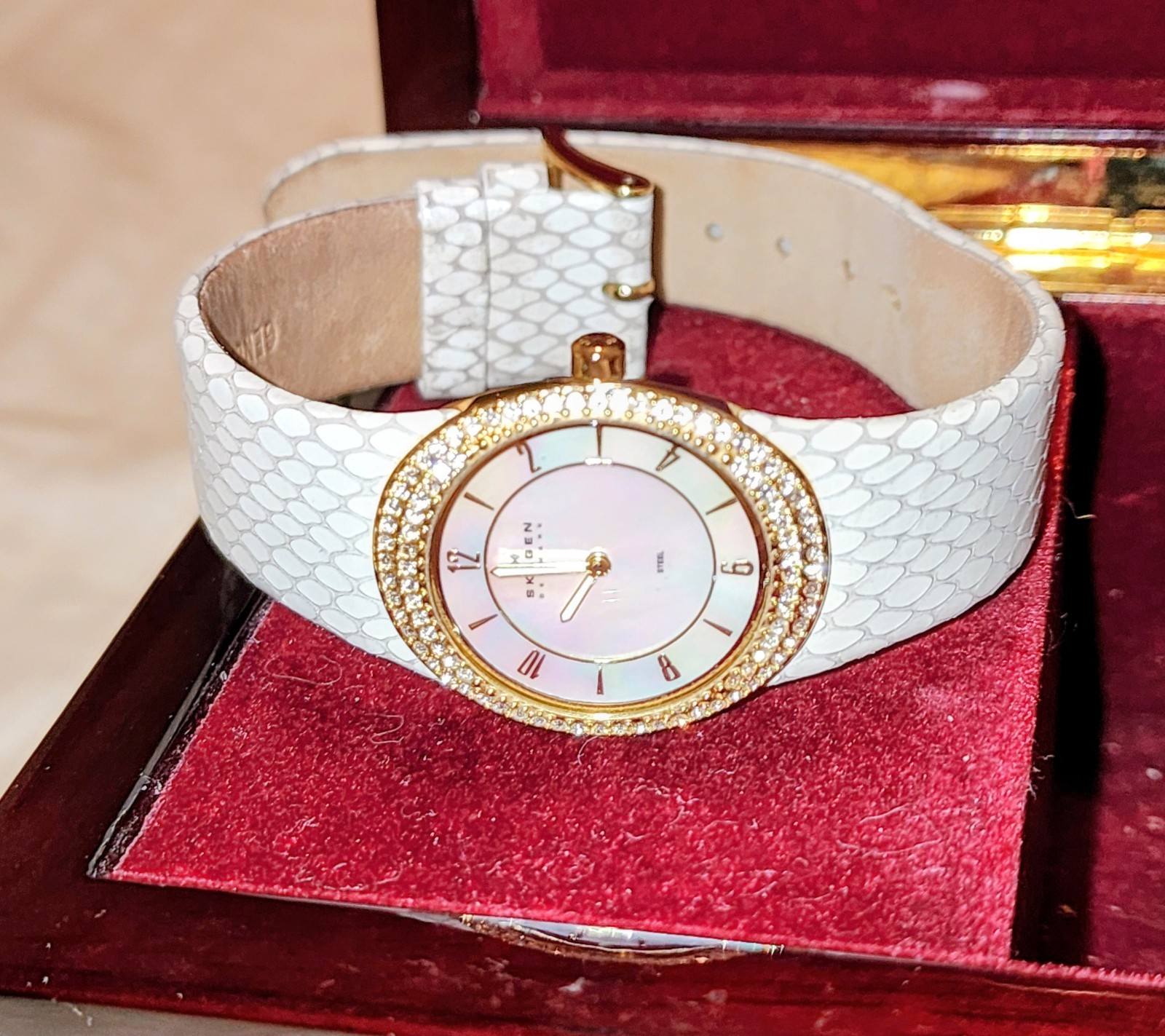 Skagen Women’s White Snake Print Leather 26 mm Watch, Water Resistant 30 Meters