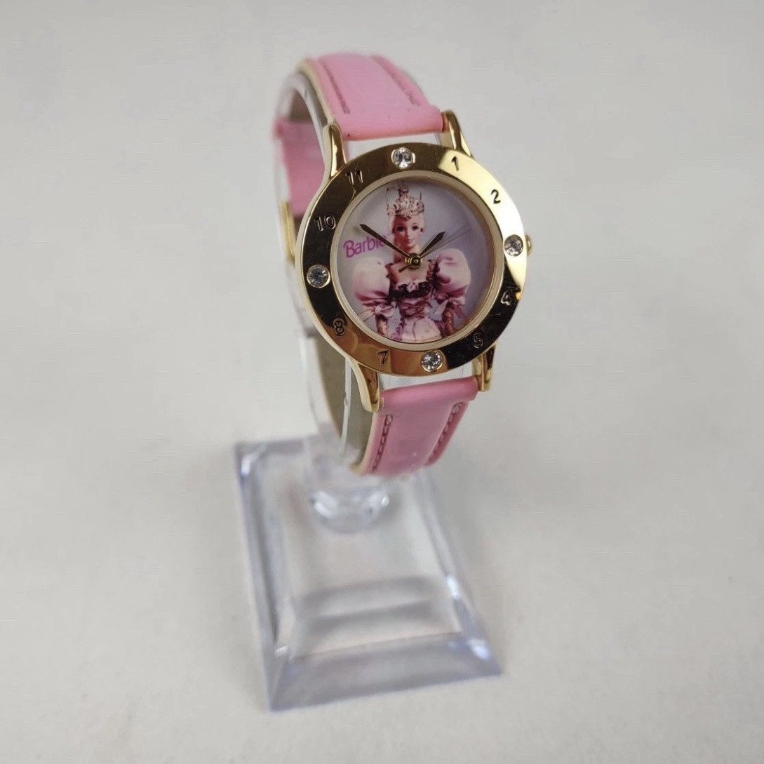 Barbie Mattel Quartz Analog Wristwatch 35mm Gold Case Pink Leather Strap