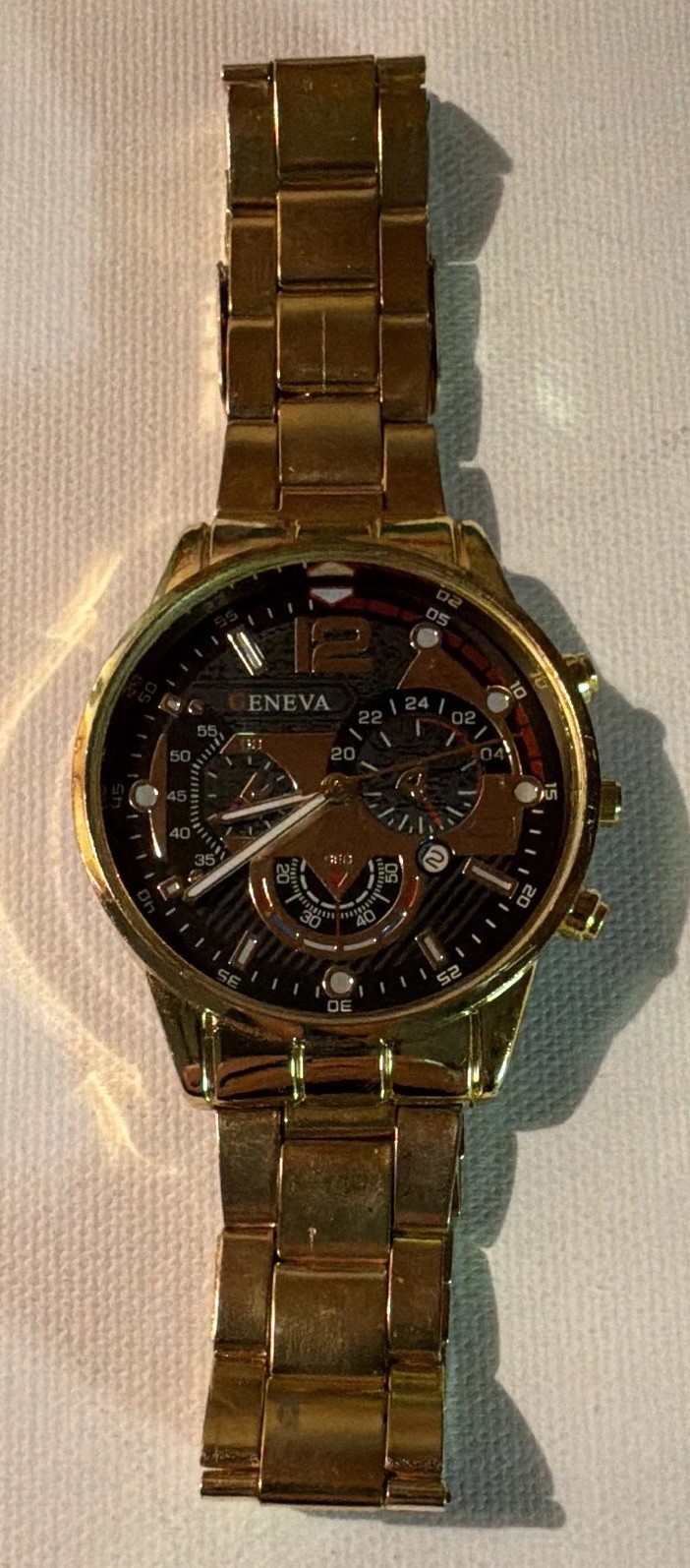 Geneva Men’s Gold Tone Quartz Bracelet Watch Black Dial Date 24-Hour Analog