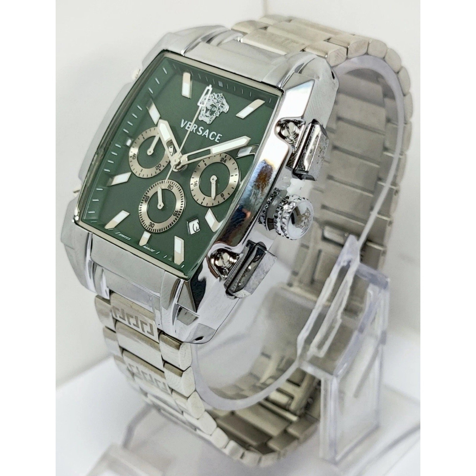 Versace Luxury Chronograph Men Green Dial Stainless Steel Band Quartz Wristwatch