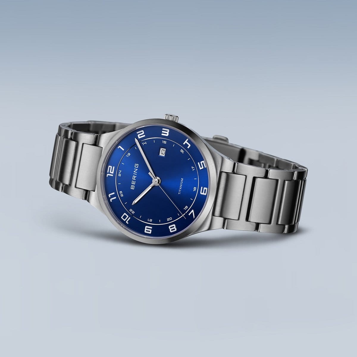 Bering Time – Mens Titanium Brushed Silver Watch w/ Blue Dial – 15139-707