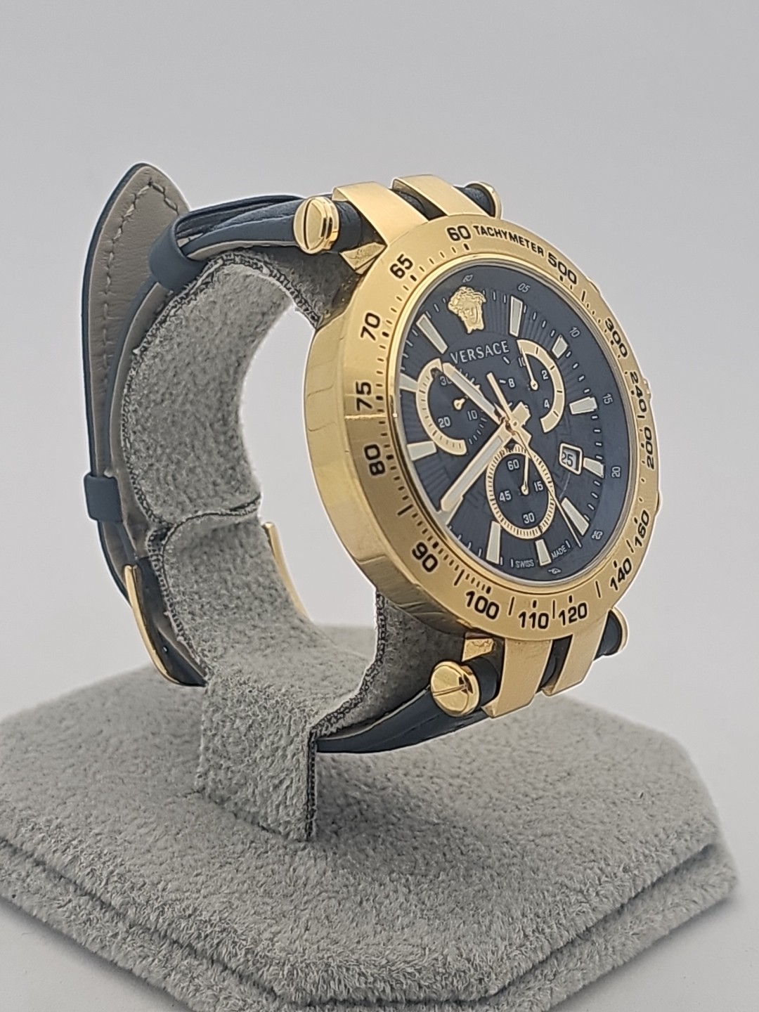Versace Mens Bold Chrono IP Yellow Gold Bezel Blue Dial 46mm Strap Fashion Watch