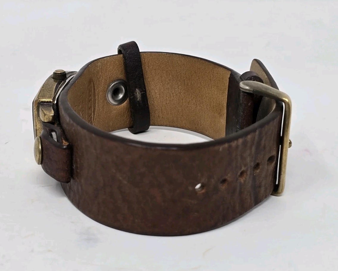Fossil Women’s Watch Brown Leather Cuff Band White Dial Square Gold Case JR-8874