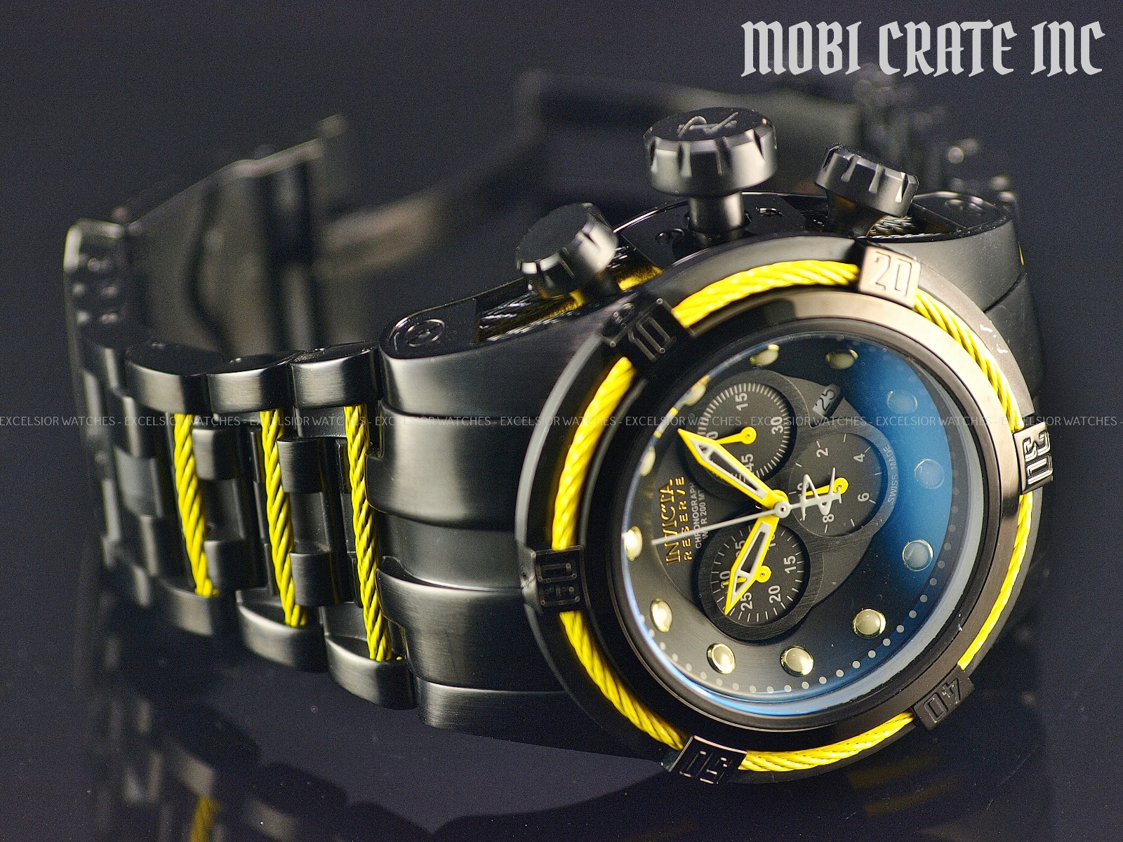 Rare Invicta 53mm RESERVE BOLT ZEUS Swiss Made Chrono Black Yellow SS Watch