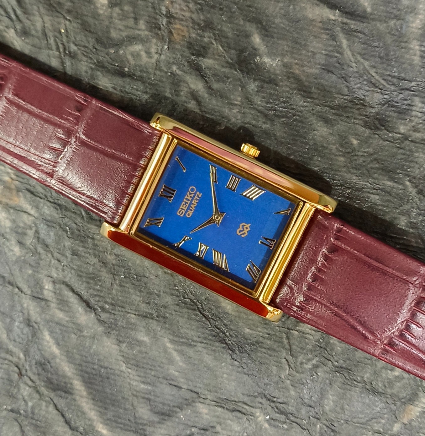 Vintage Seiko Quartz Tank Watch, Seiko Slim Blue Dial