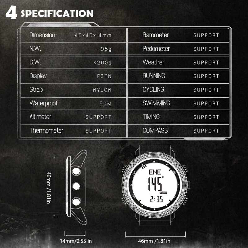 Digital Military Army Sports Watch Waterproof 50M Altimeter Barometer Wristwatch