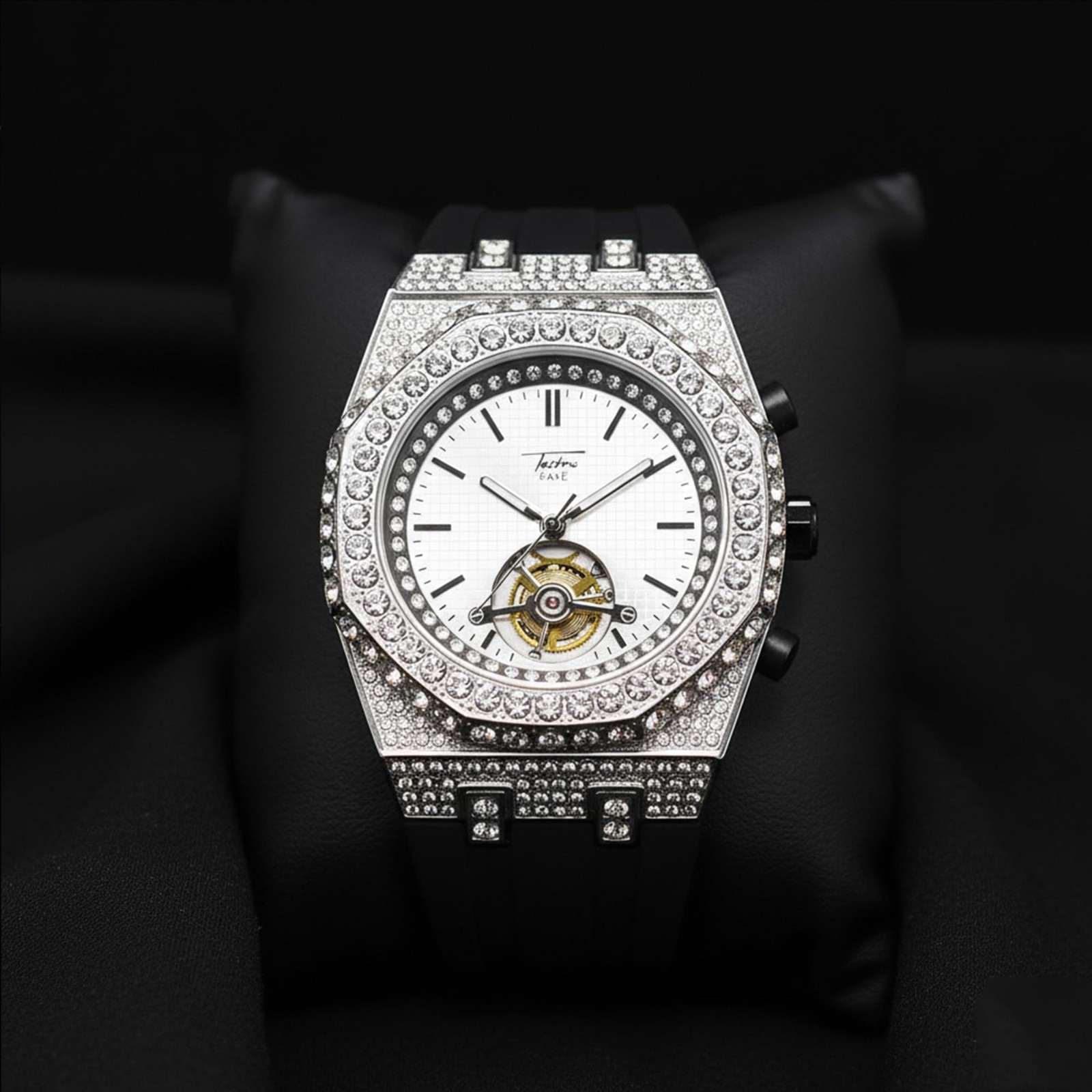 Men’s 43mm Iced Out Octagonal Watch, Silicone Band, Stylish & Durable Timepiece