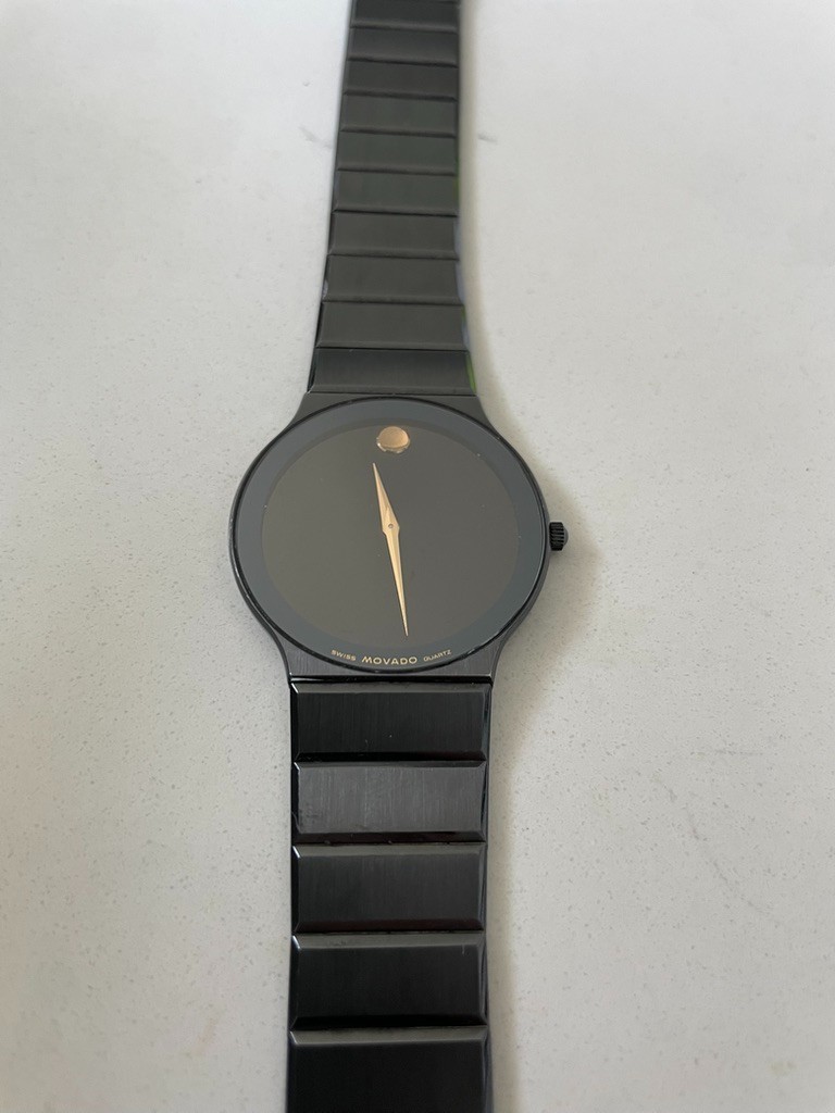 1990s Movado Museum Ultra Thin Black PVD Quartz Watch w/ Box, ref. 84-40-880-A