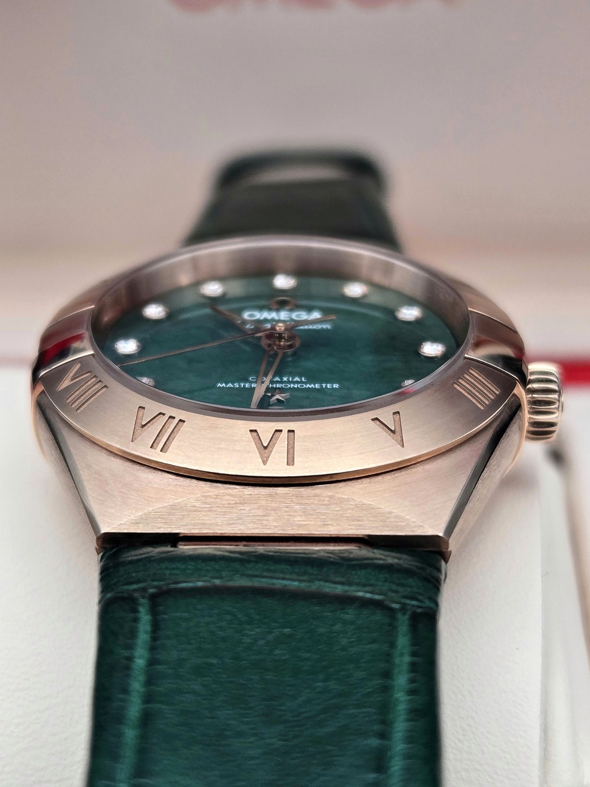 NEW Omega Constellation Ladies 18K Sedna Gold Green Aventurine Factory Diamonds