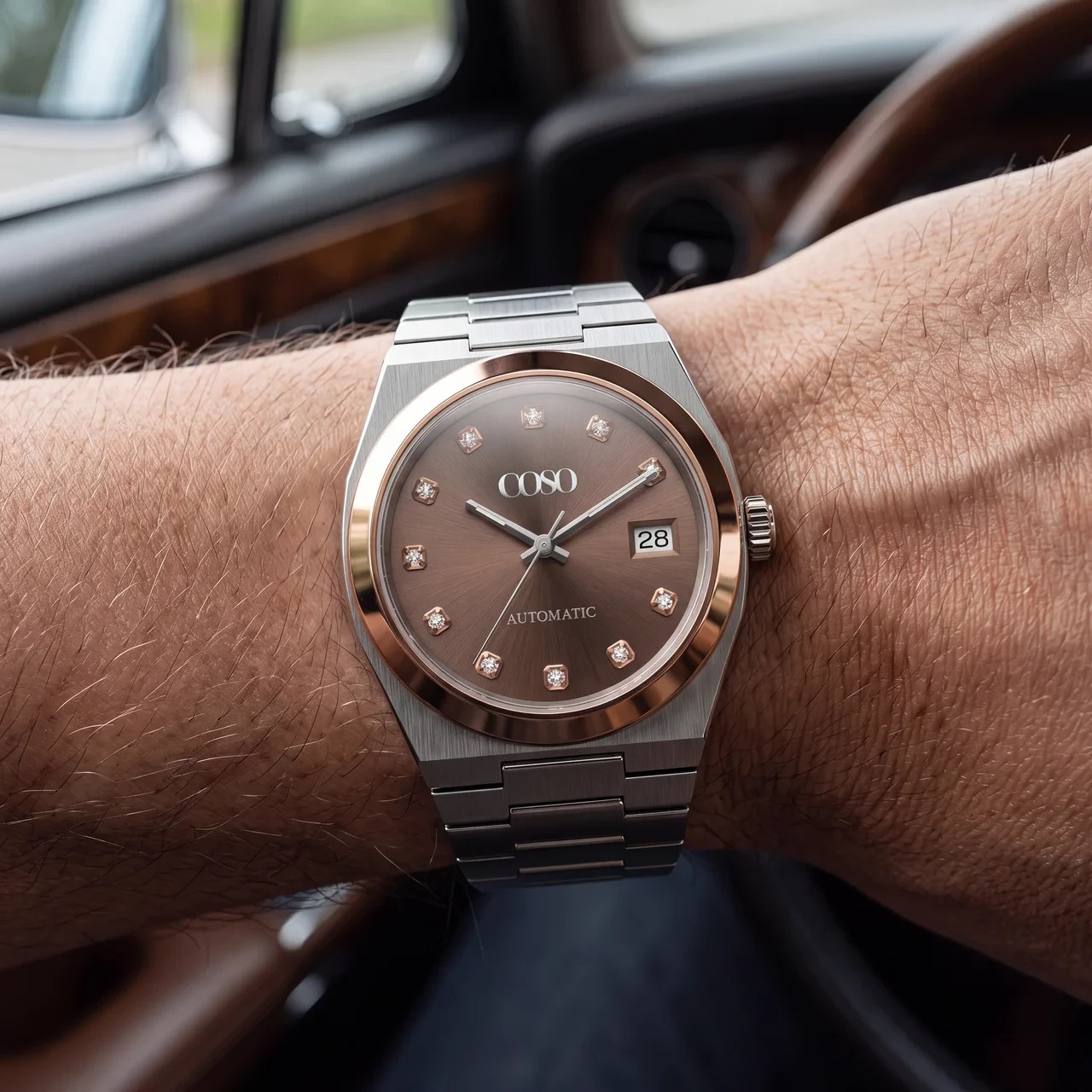 COSO Tolaris Automatic Brown Dial Rose Gold Bezel Crystal Indices Steel