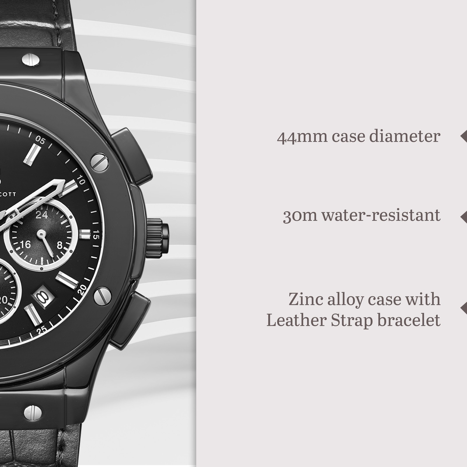 Kenneth Scott Men’s Multi Function Watch | Black Dial, 44mm, 30 m (3 ATM)