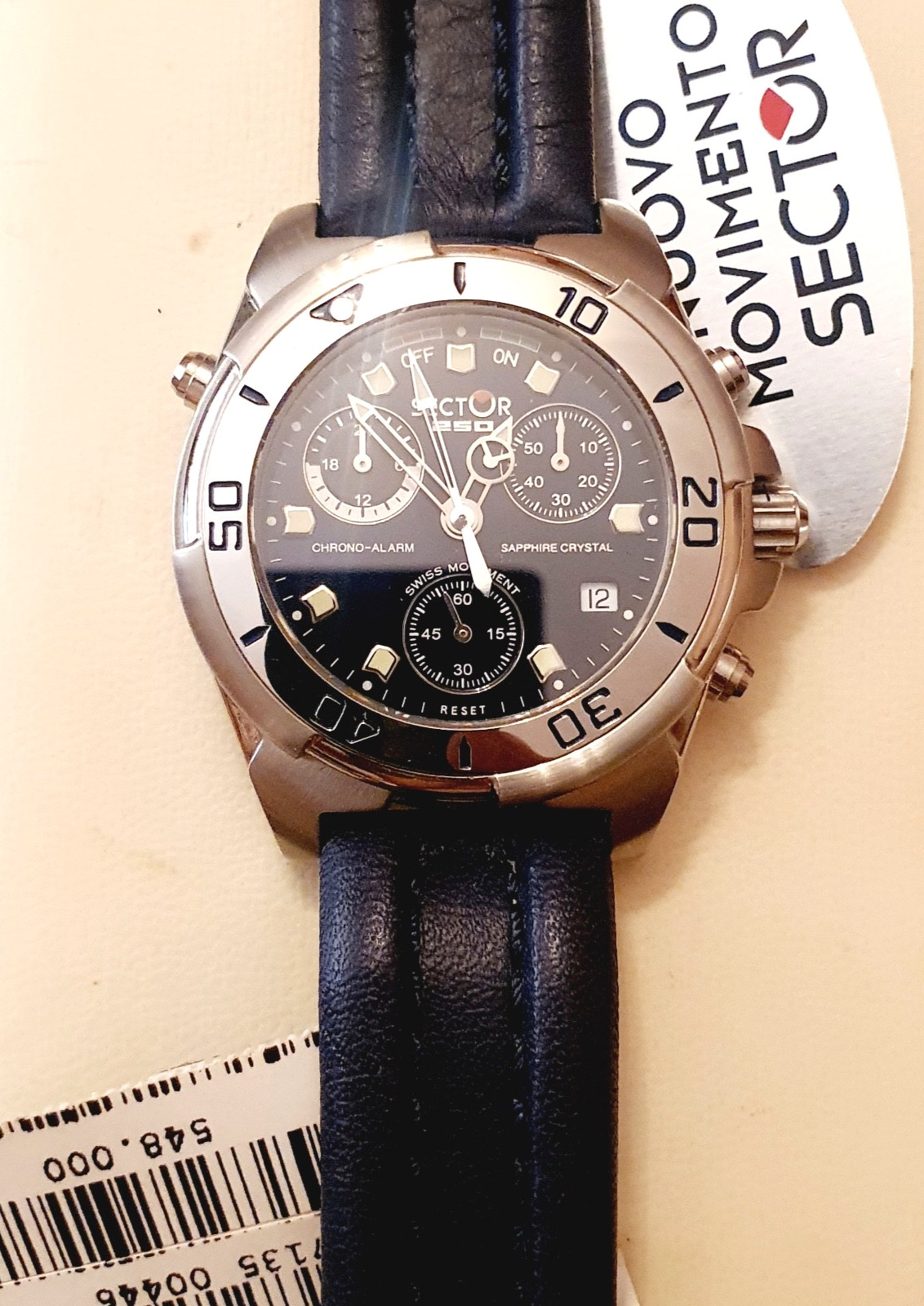 New Sector 250 Chrono Alarm Blue Steel Sapphire Crystal 100Mt Swiss Watch