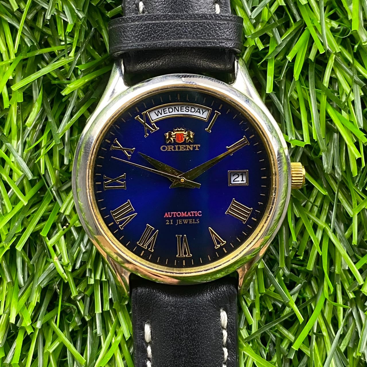 RARE Orient President Automatic Day Date Blue Dial Roman Day Date Leather Watch