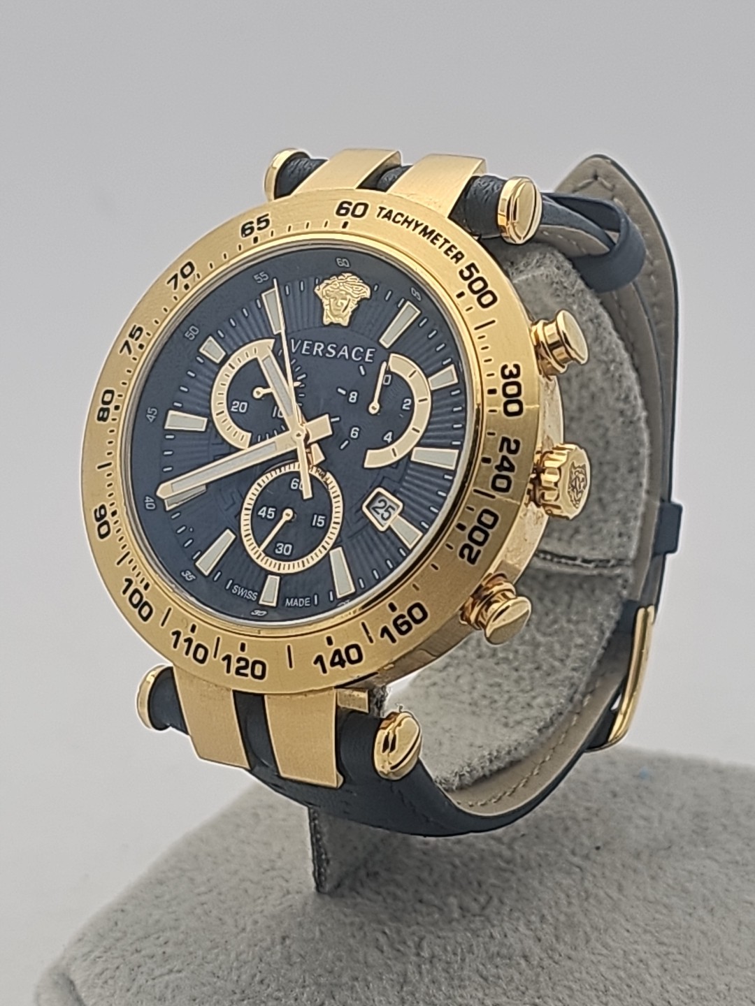 Versace Mens Bold Chrono IP Yellow Gold Bezel Blue Dial 46mm Strap Fashion Watch