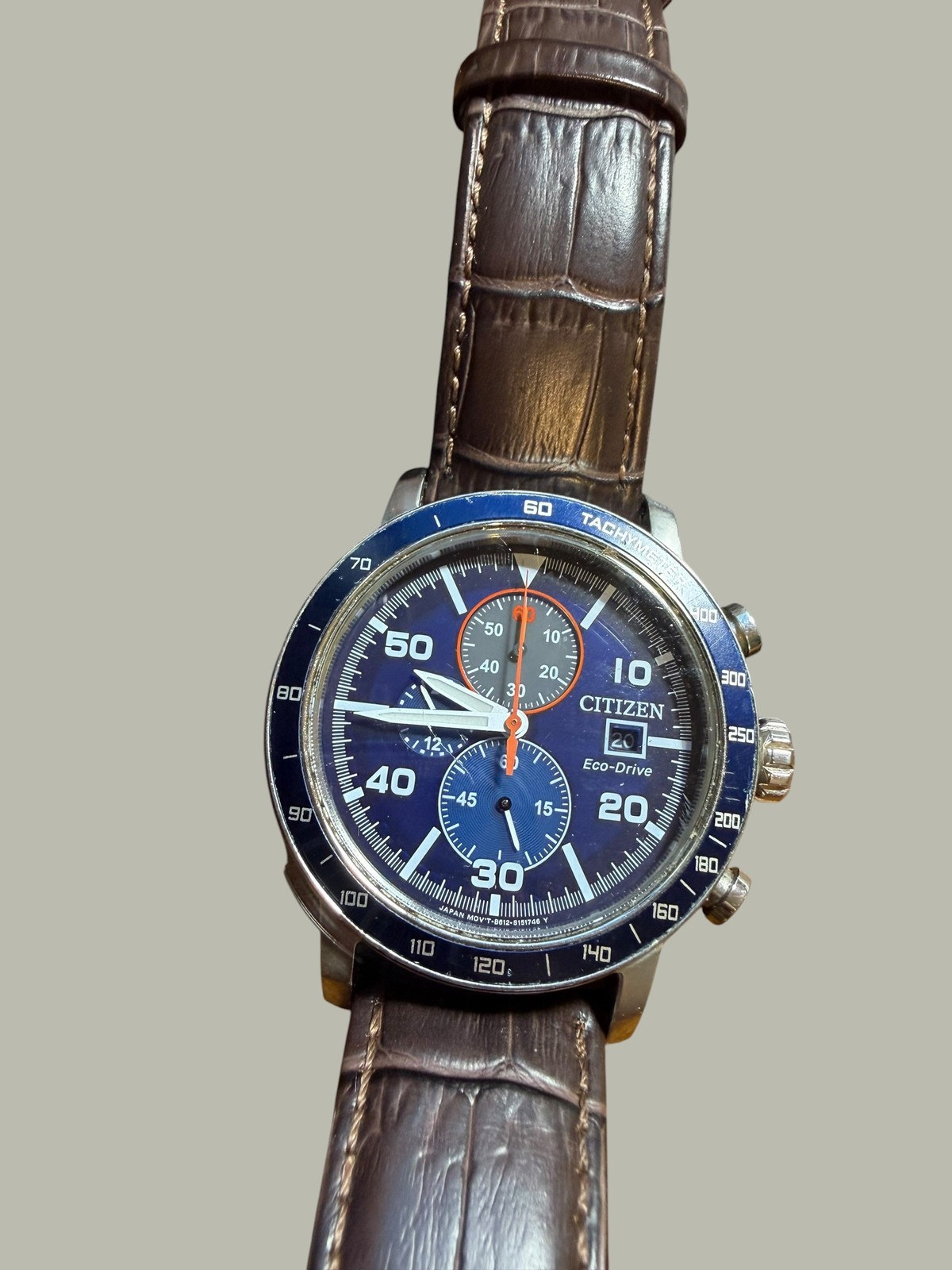 Citizen Eco-Drive Chronograph Blue Dial Brown Croc Leather Men’s Watch B612