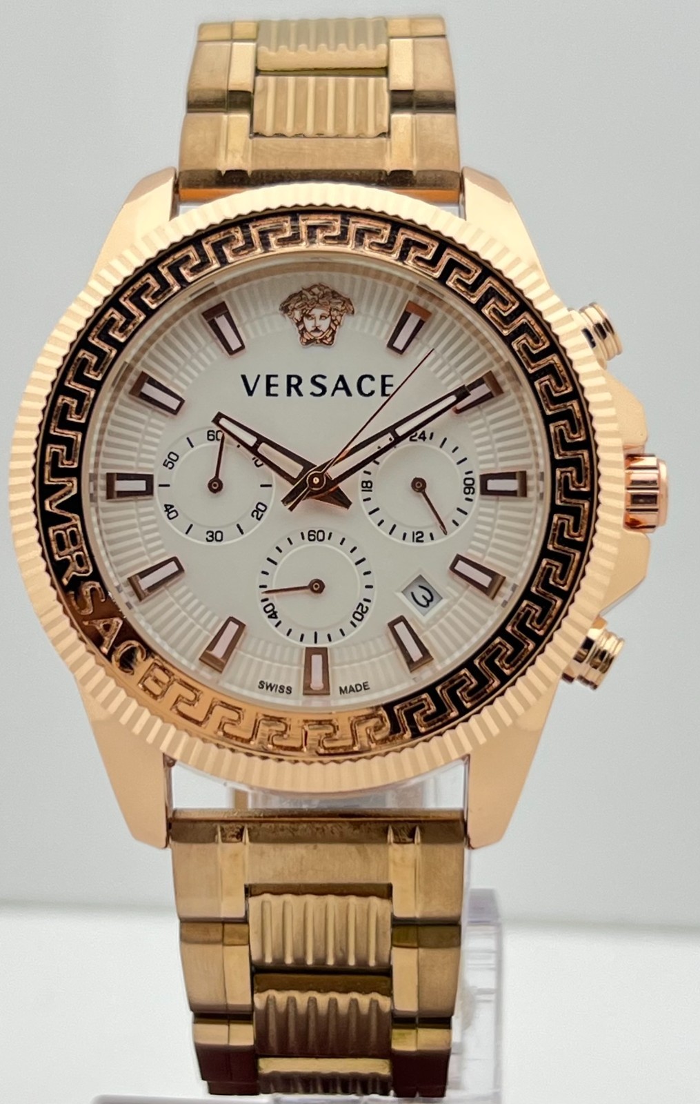 Premium Men’s Versace Greca Action Chronograph White Dial Date Wristwatch
