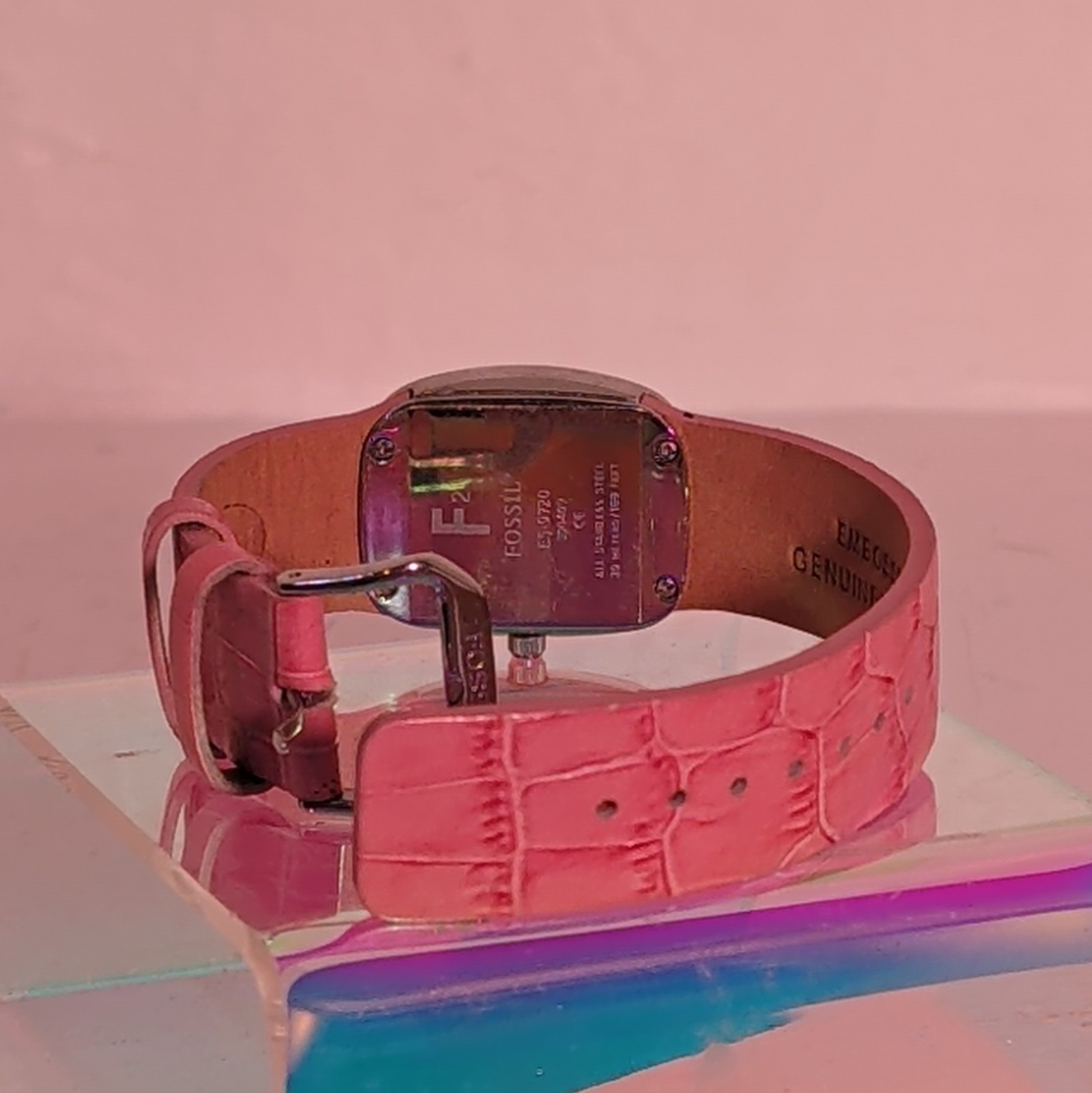 Fossil F2 Women’s Square Quartz Watch Date Pink Leather Strap MOP Dial