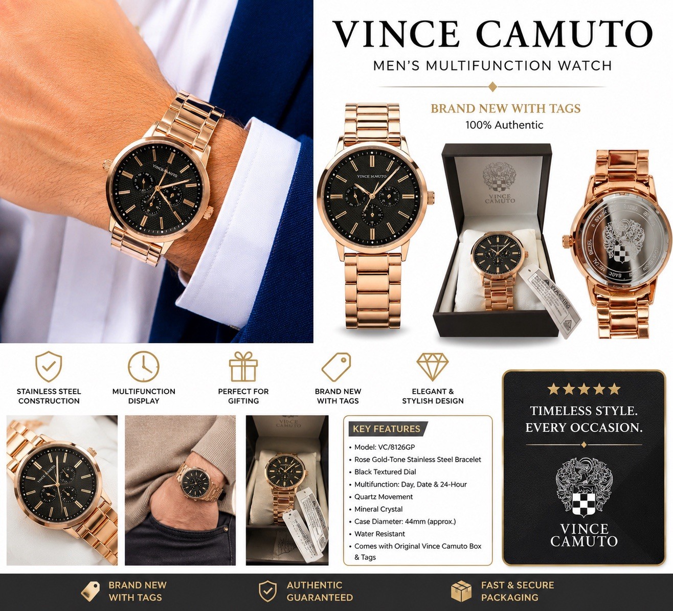 Vince Camuto Men’s Quartz Multifunction Date 24-Hr Rose Gold Bracelet 44mm