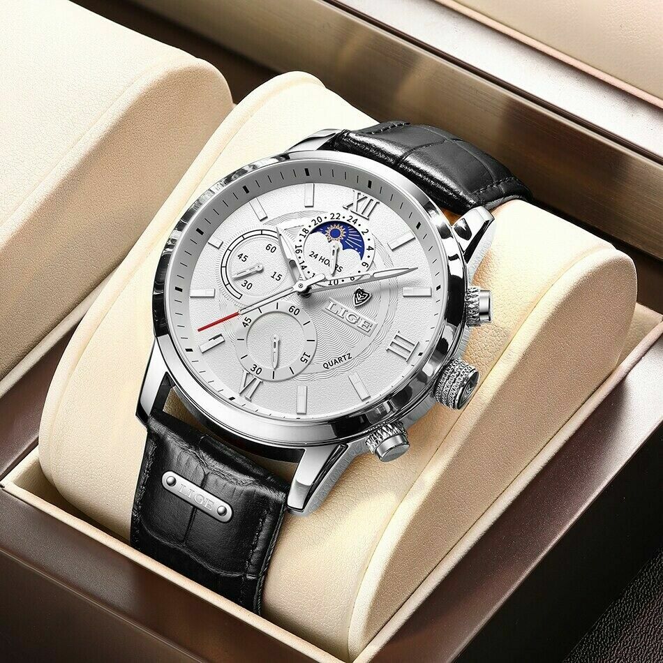 NEW Men’s LIGE Silver Tone Moonphase Chronograph Black Leather Dress Watch