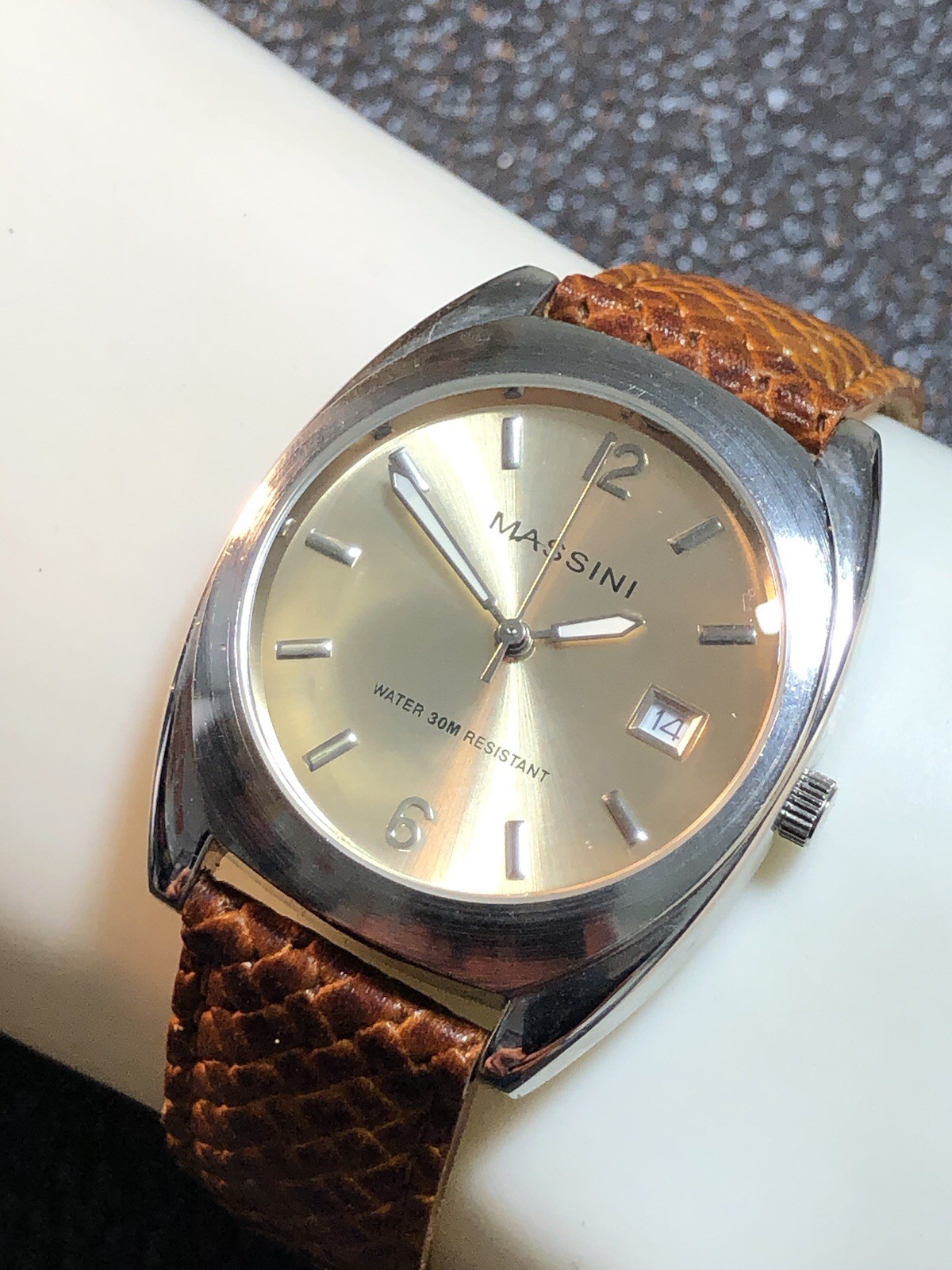 Massini Watch Silver Tone Brown Leather Band Japan Quartz,Date,35mm New Battery