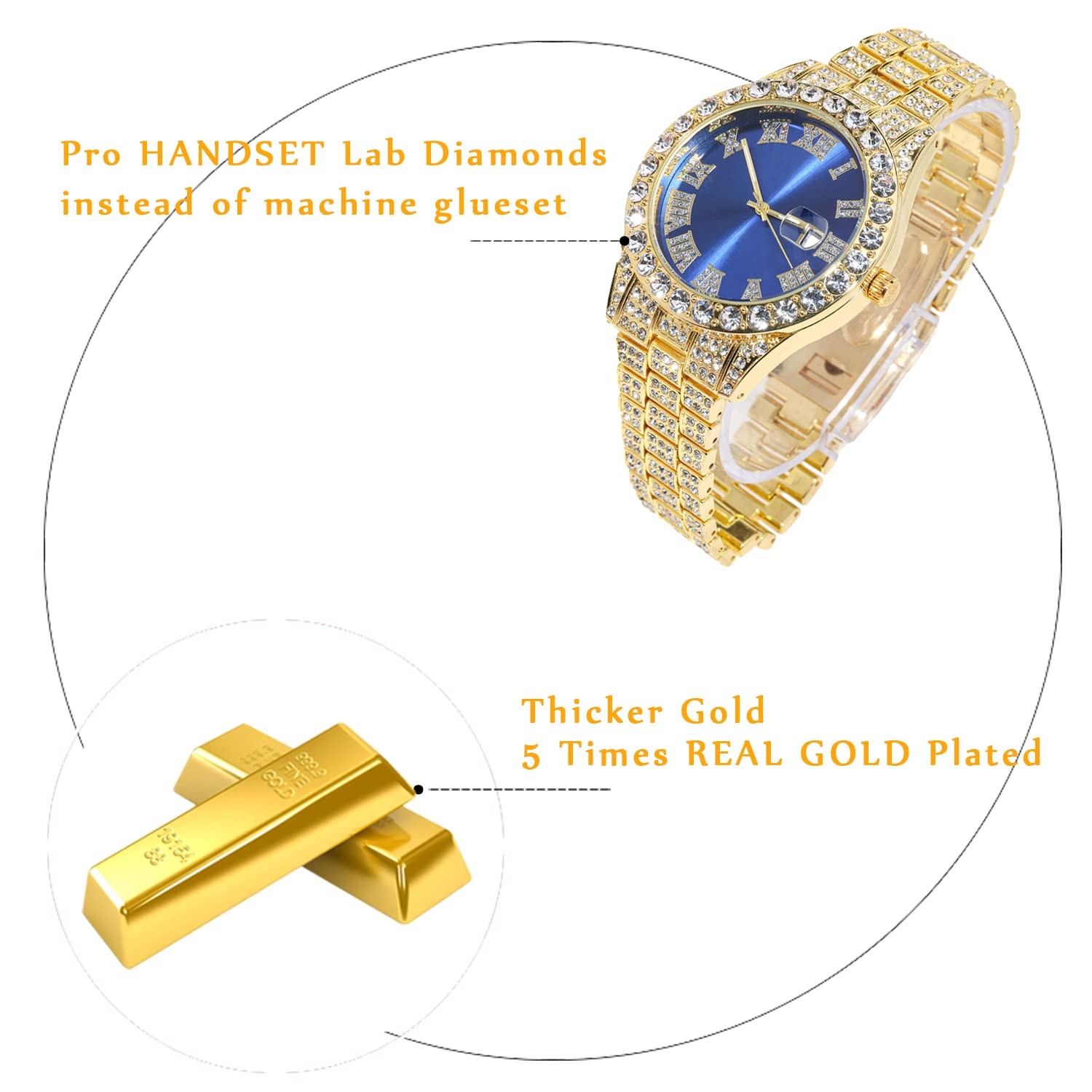 Men’s 18K Gold Plated Alloy Watch Iced Out 42MM Blue Dial Quartz Handset Diamond