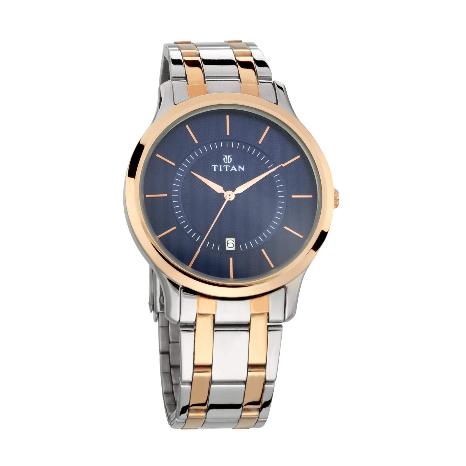 Titan 1825KM01 Mens Watch Rose Gold Mesh Strap Blue Crystal Dial 47mm