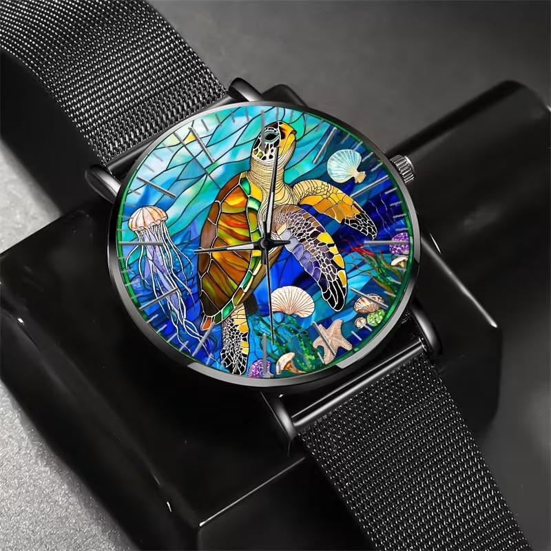 Intricate Stained Glass Sea Turtle Underwater Print Wrist Watch
