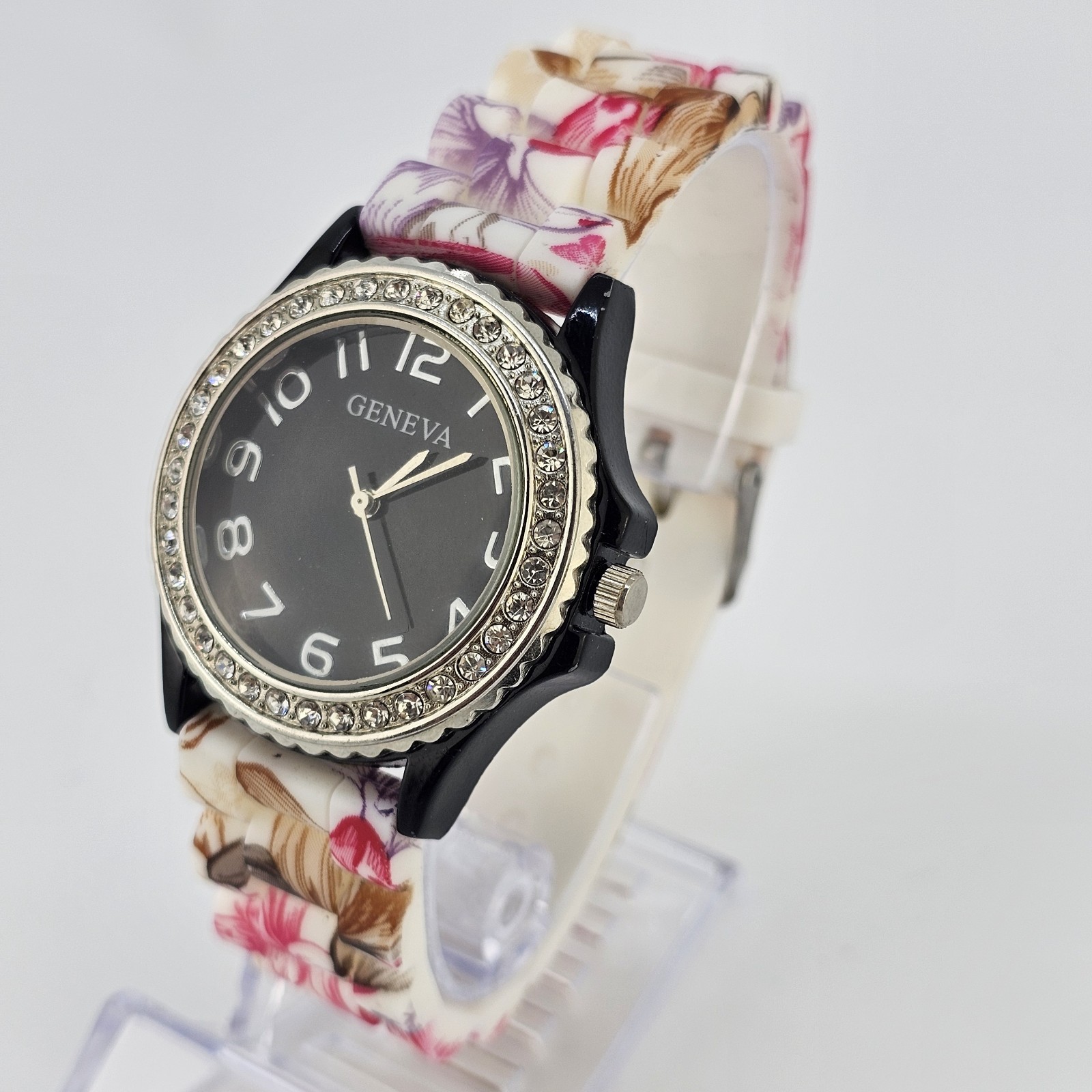 38mm Women’s Watch Black Dial Flowers Multicolor Plastic Bands NEW Battery