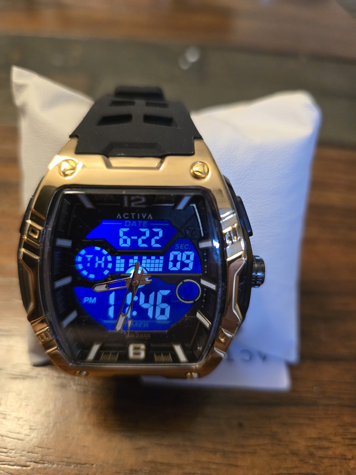 ACTIVA Date Men’s Analog-Digital Quartz Watch Timer, Black Rubber, Gold 50mm
