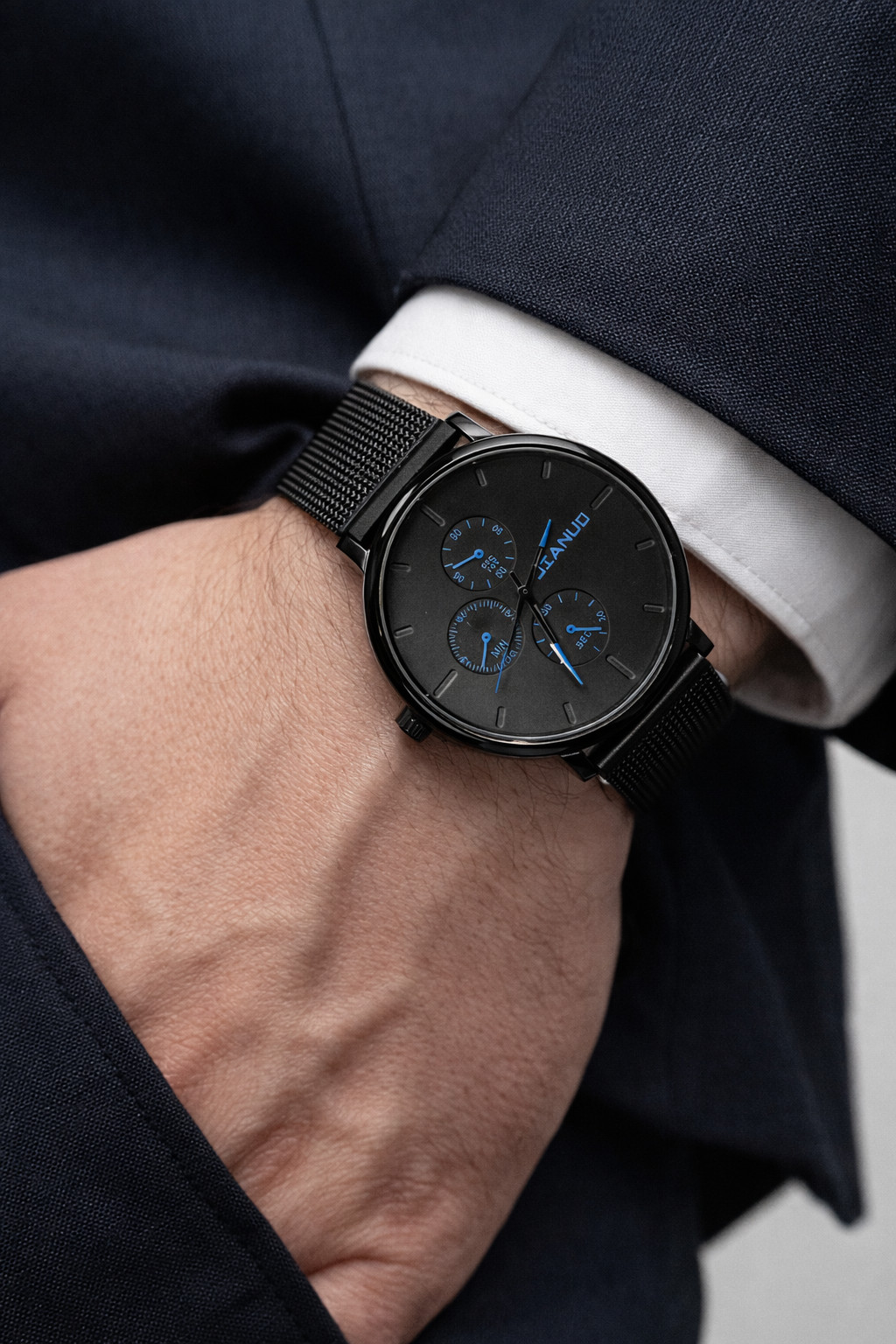 Men’s Black Stainless Steel Mesh Watch Blue Dial Minimalist Luxury Quartz Watch