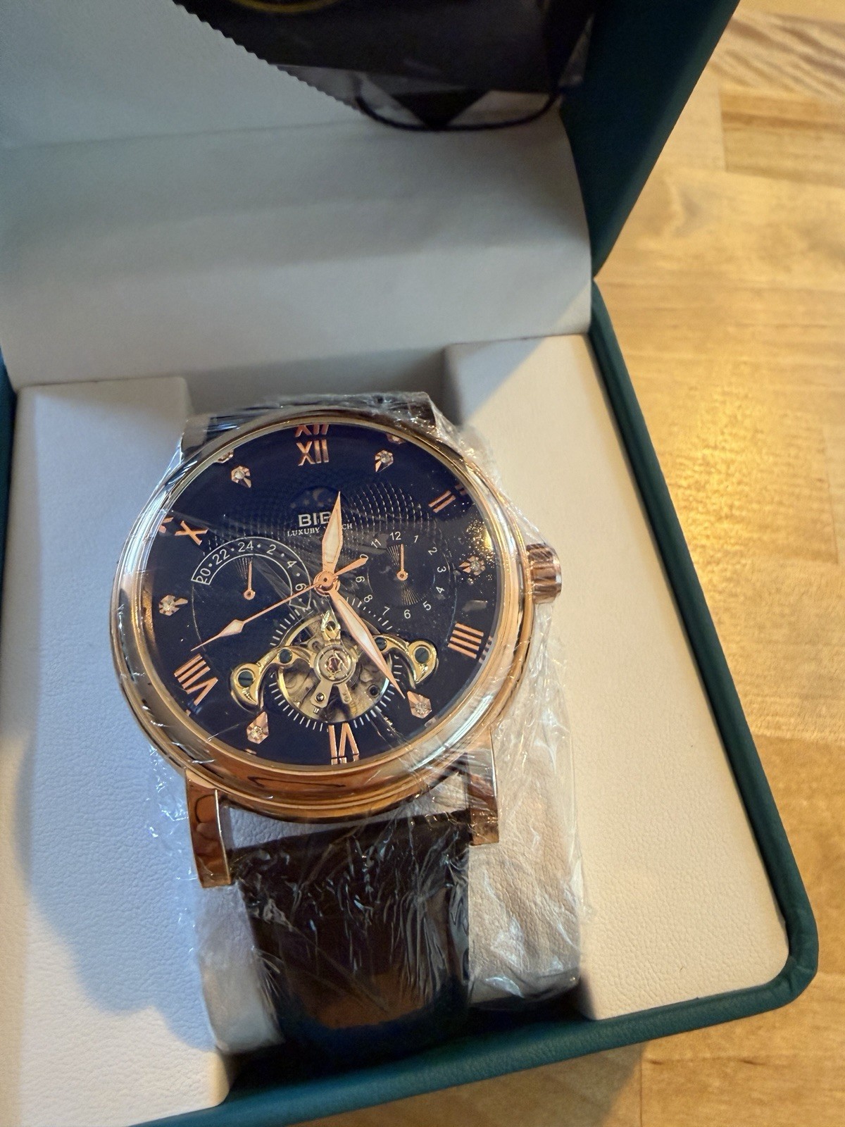 BIBI Men’s Automatic Watch Blue Dial Roman, Rose Gold SS, Black Leather, Box