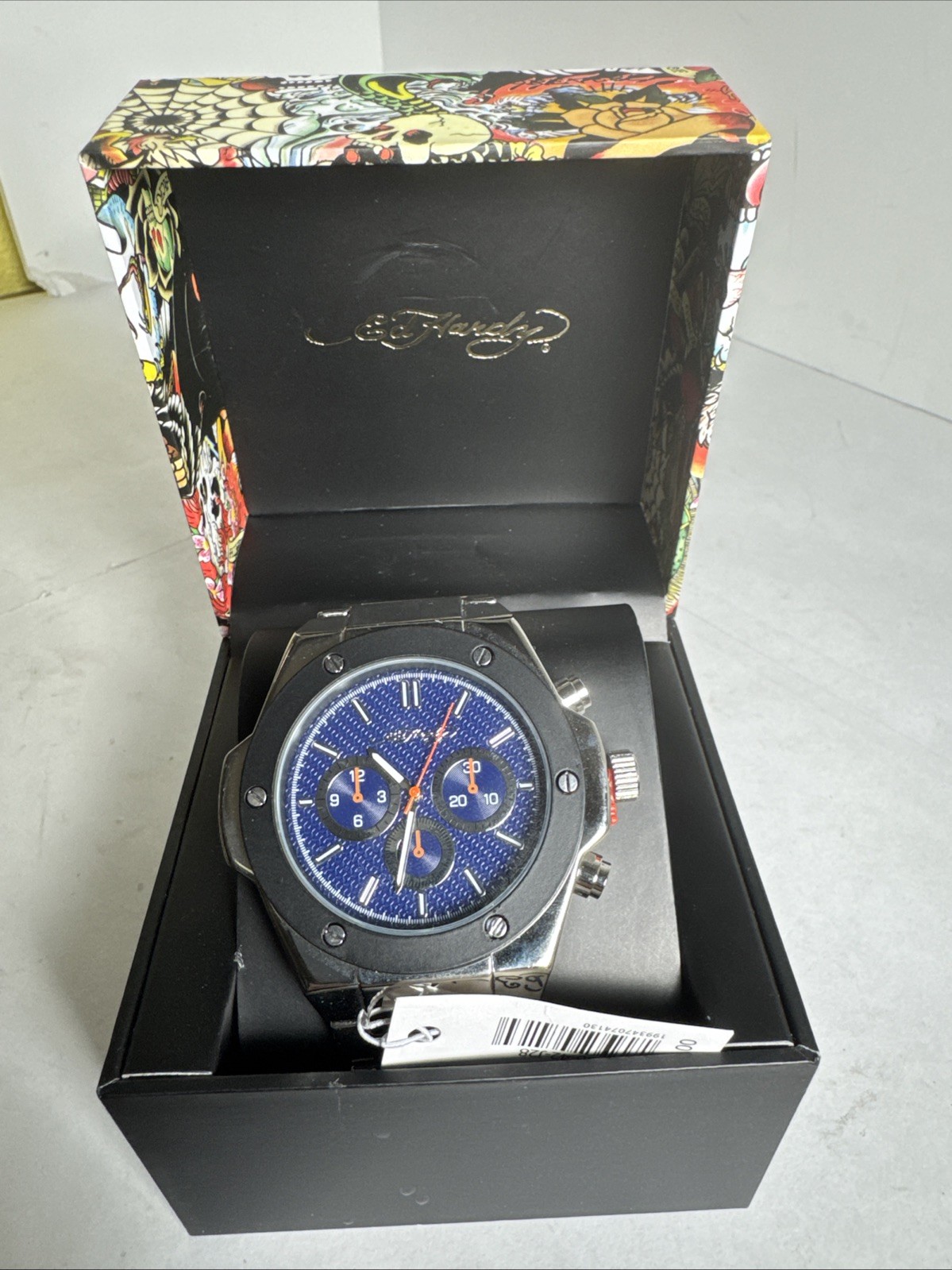 Ed Hardy Men’s Brushed Silver Metal Bracelet Watch New In Box W Papers