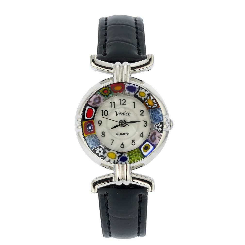 GlassOfVenice Murano Glass Millefiori Watch with Leather Band – Black Multicolor