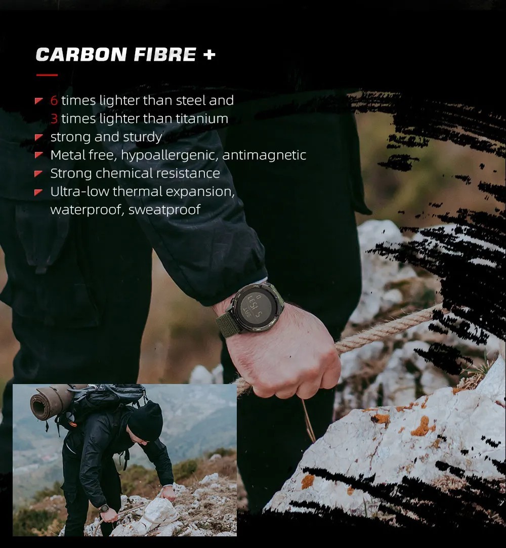 Men Digital Carbon Fiber Sports Watch Military Waterproof 50M Compass Pedometer