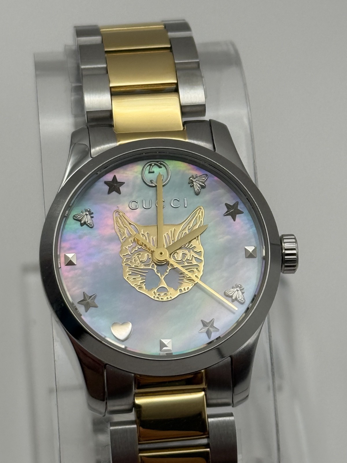 Gucci G Timeless Quartz MOP Blue Dial Two Tone Steel Strap Watch YA1265011
