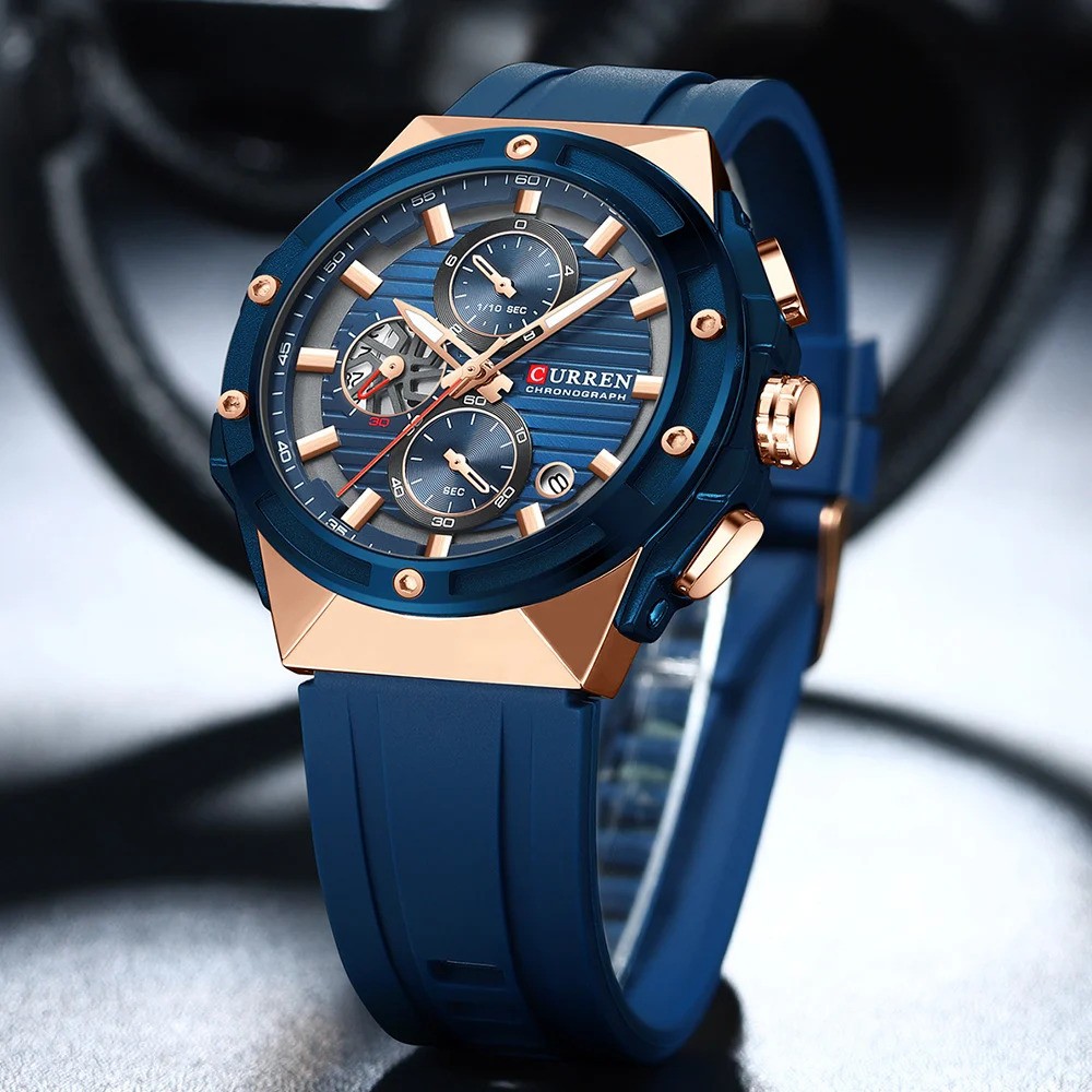CURREN Men Sport Watch Chronograph Quartz Large Dial Silicone Strap Waterproof